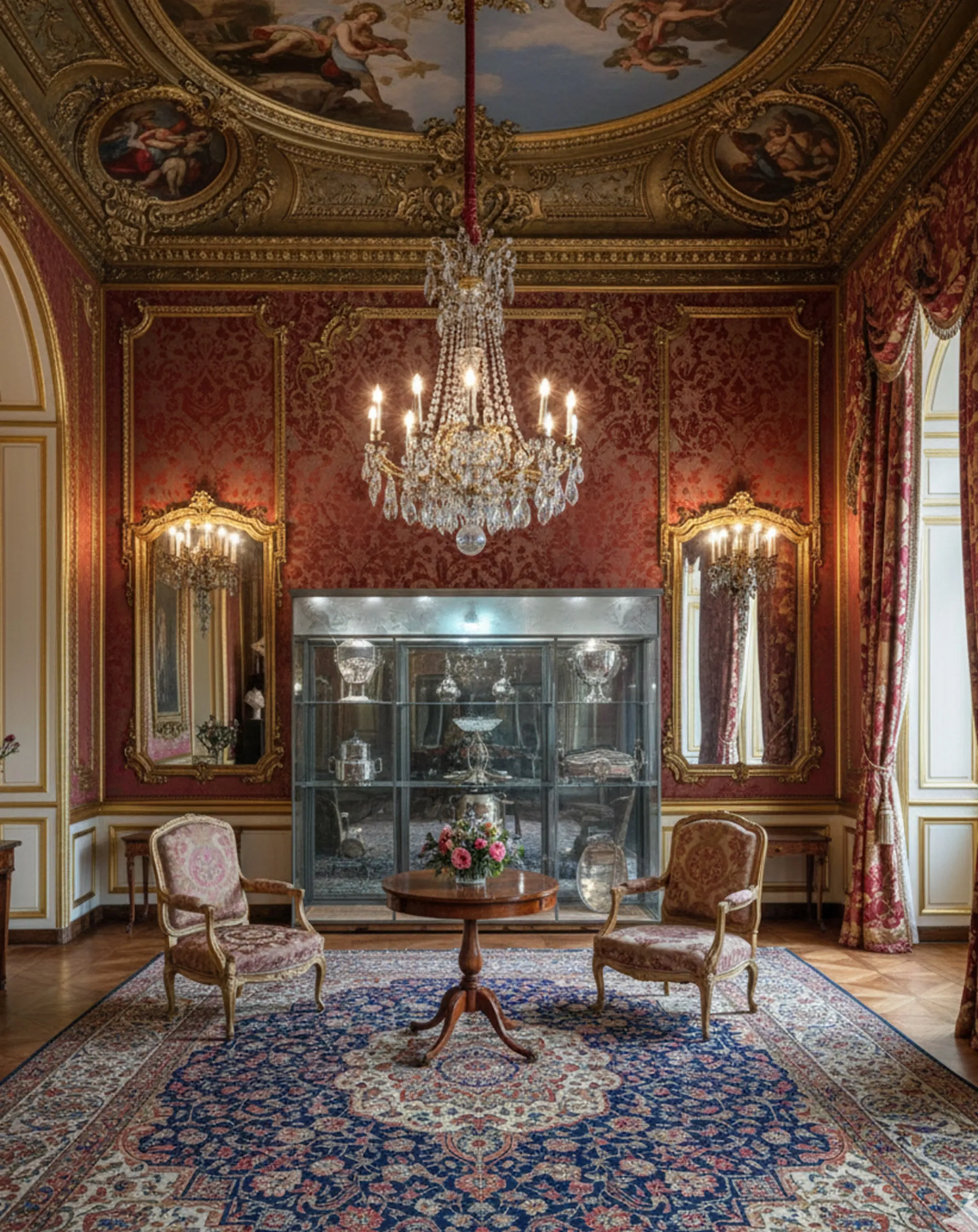 antike vitrine mit glas und aufwendiger dekoration, elegantes ambiente