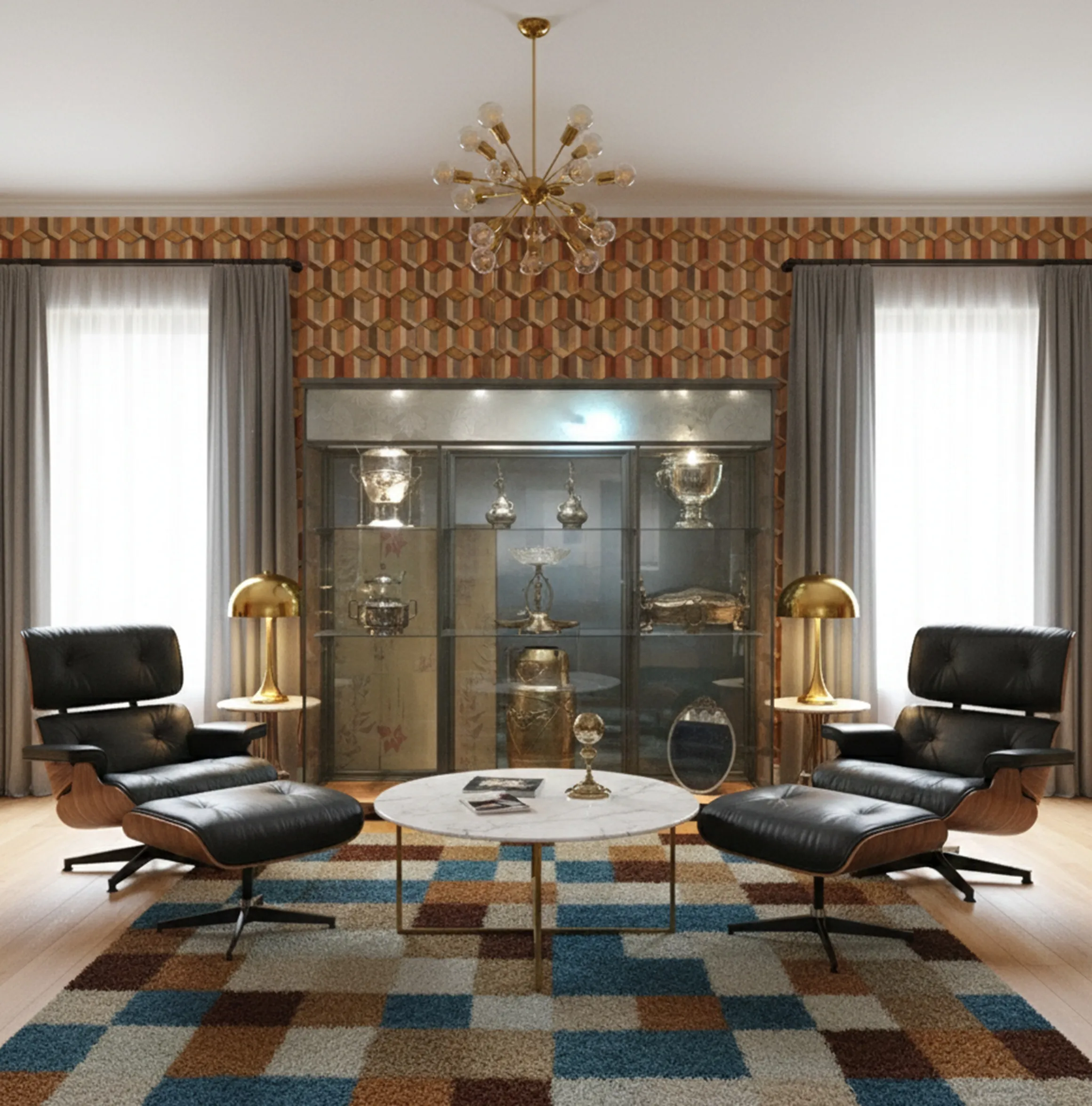 고전적인 전시 캐비닛, 수집품과 램프가 있는