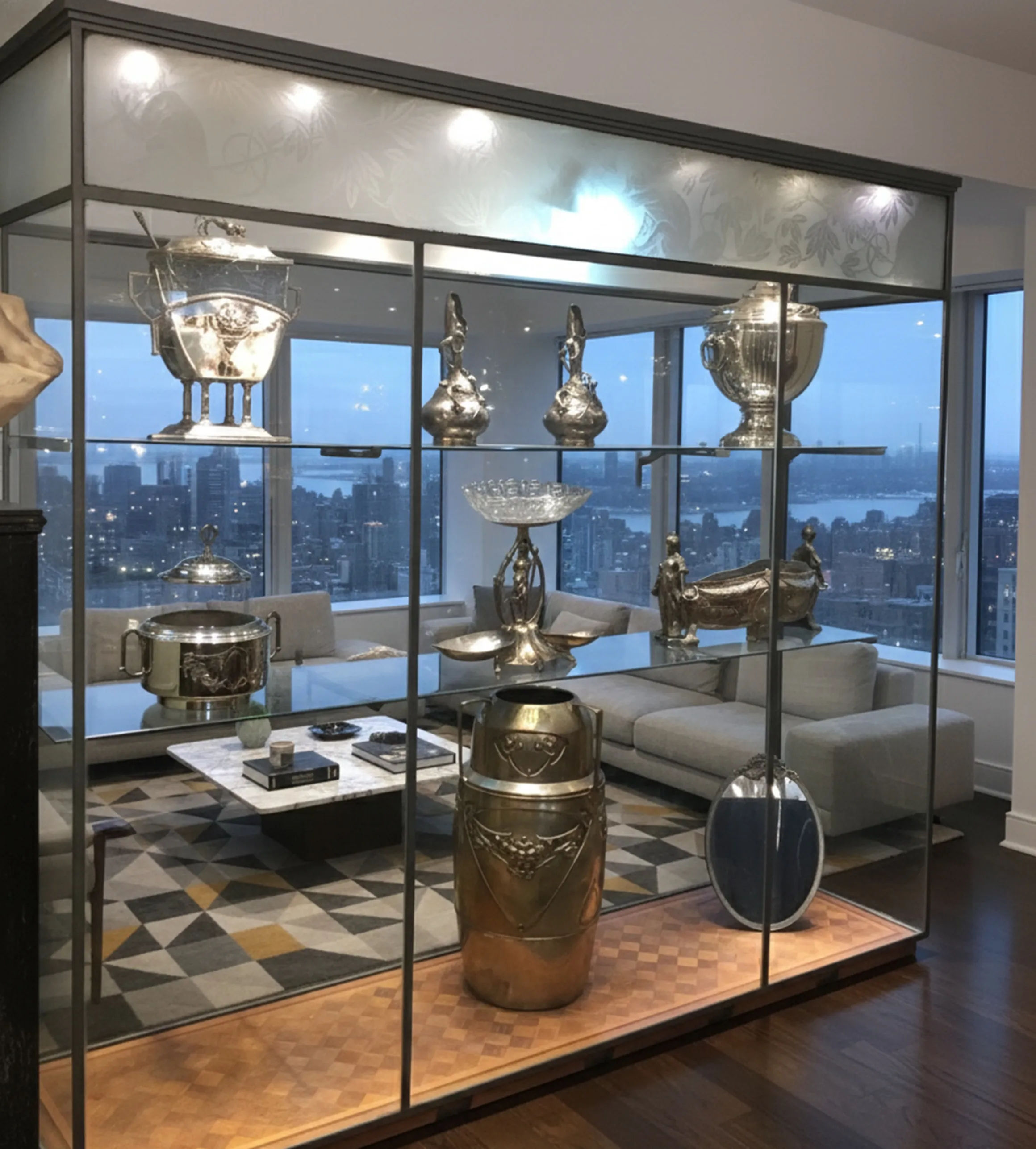 vitrina antigua con decoración y objetos de colección en un ambiente moderno