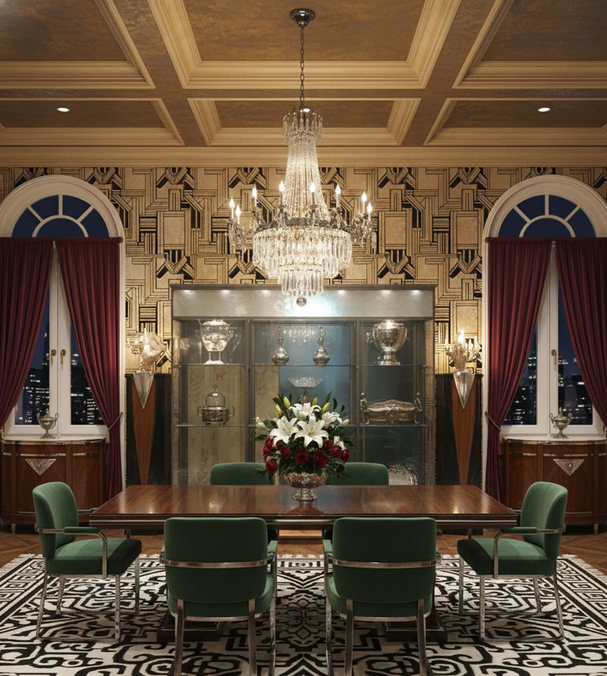 vitrina antigua en una elegante sala con candelabro y flores