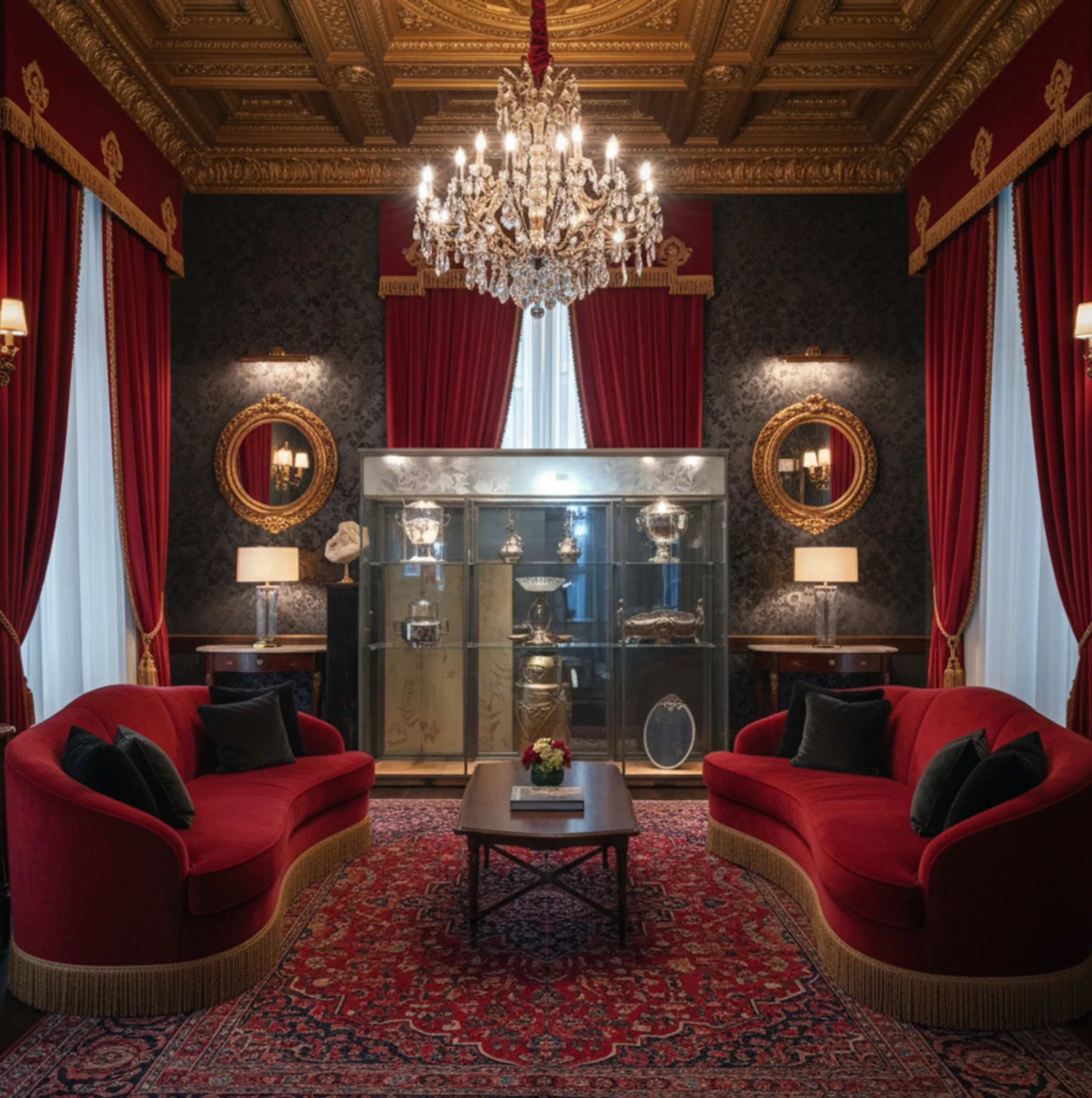 vitrina antigua con detalles decorativos y luces brillantes en un salón elegante