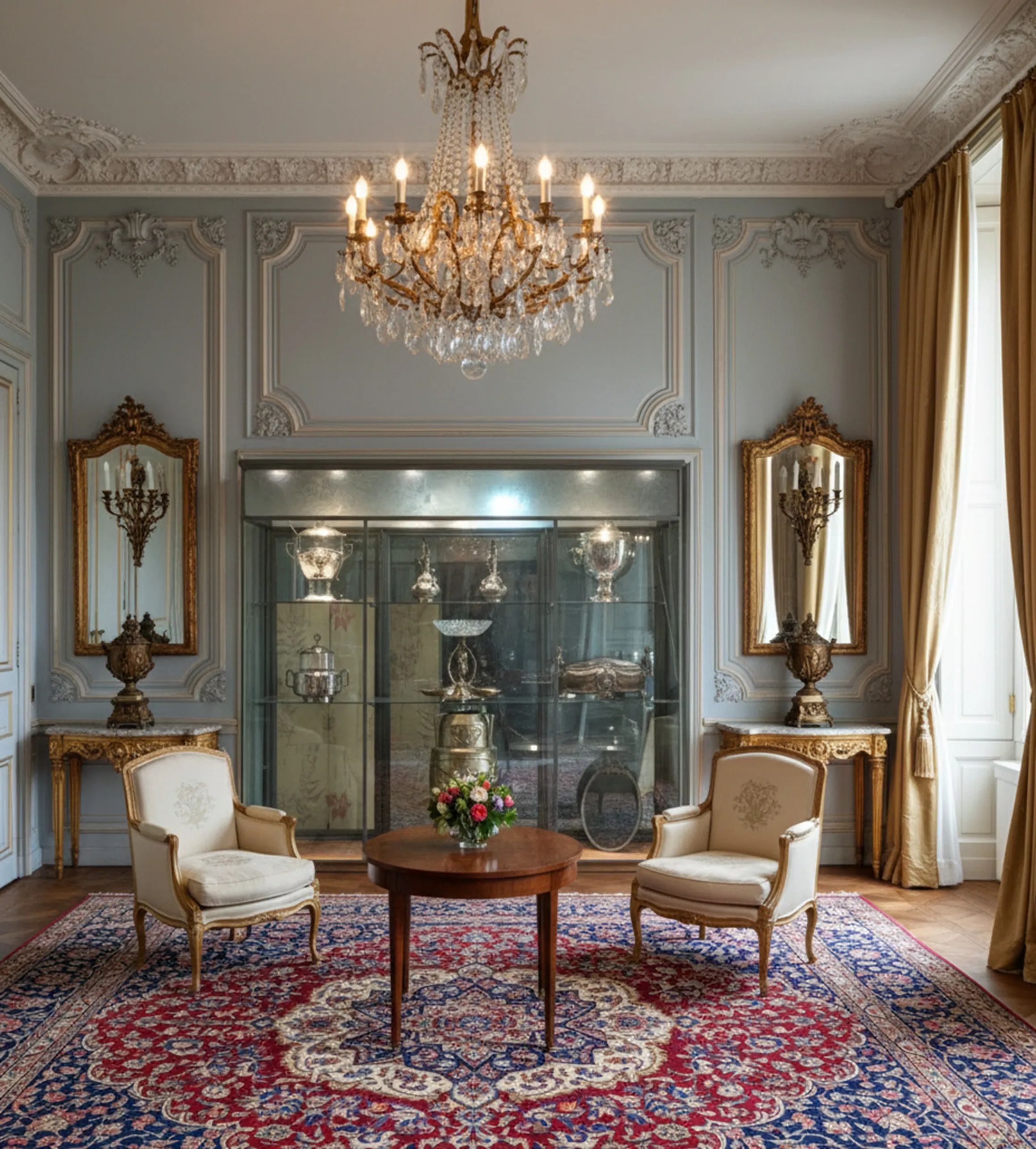 Vitrine antiga exibindo antiguidades e objetos decorativos em um ambiente elegante.