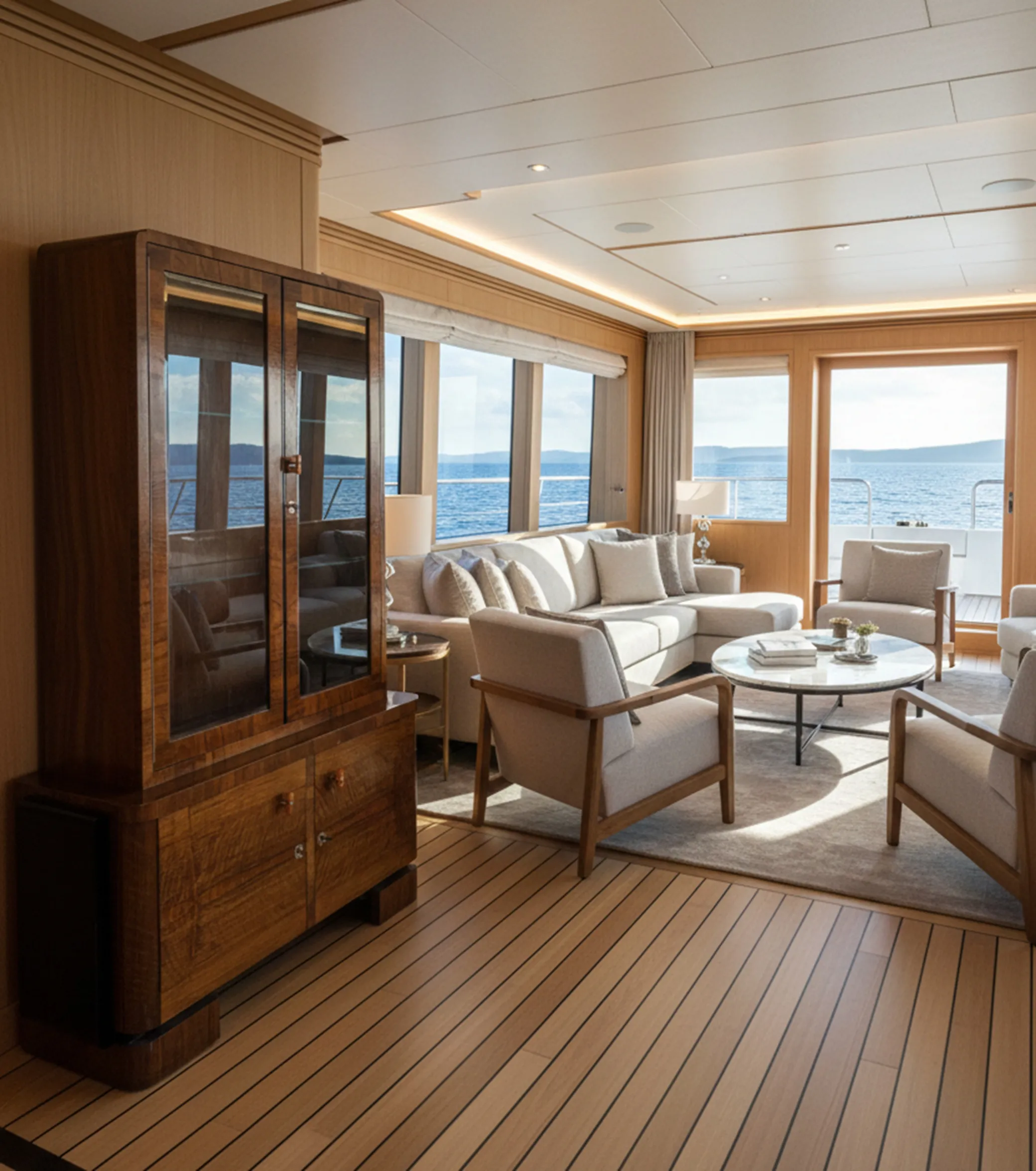 ガラス扉付きの古い本棚がある明るい現代のリビングルームで、海の景色を楽しめます。