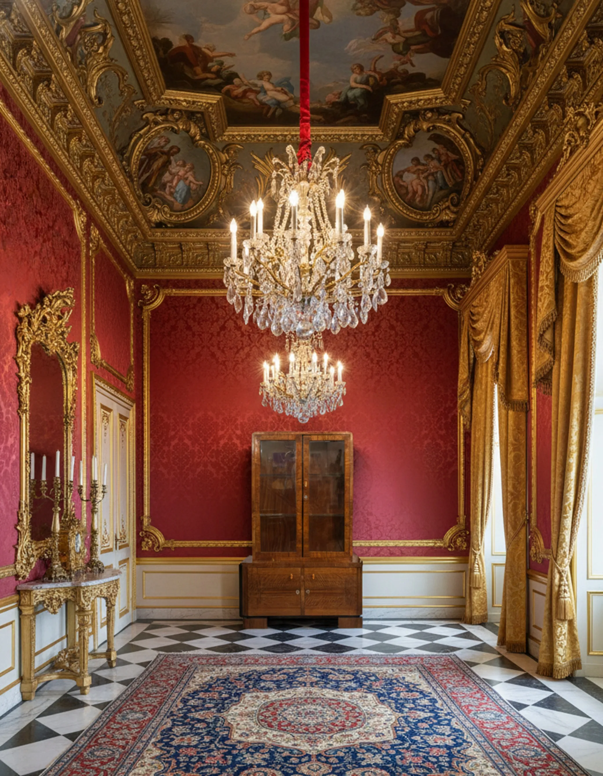 biblioteca antigua de madera con cristal en habitación lujosa
