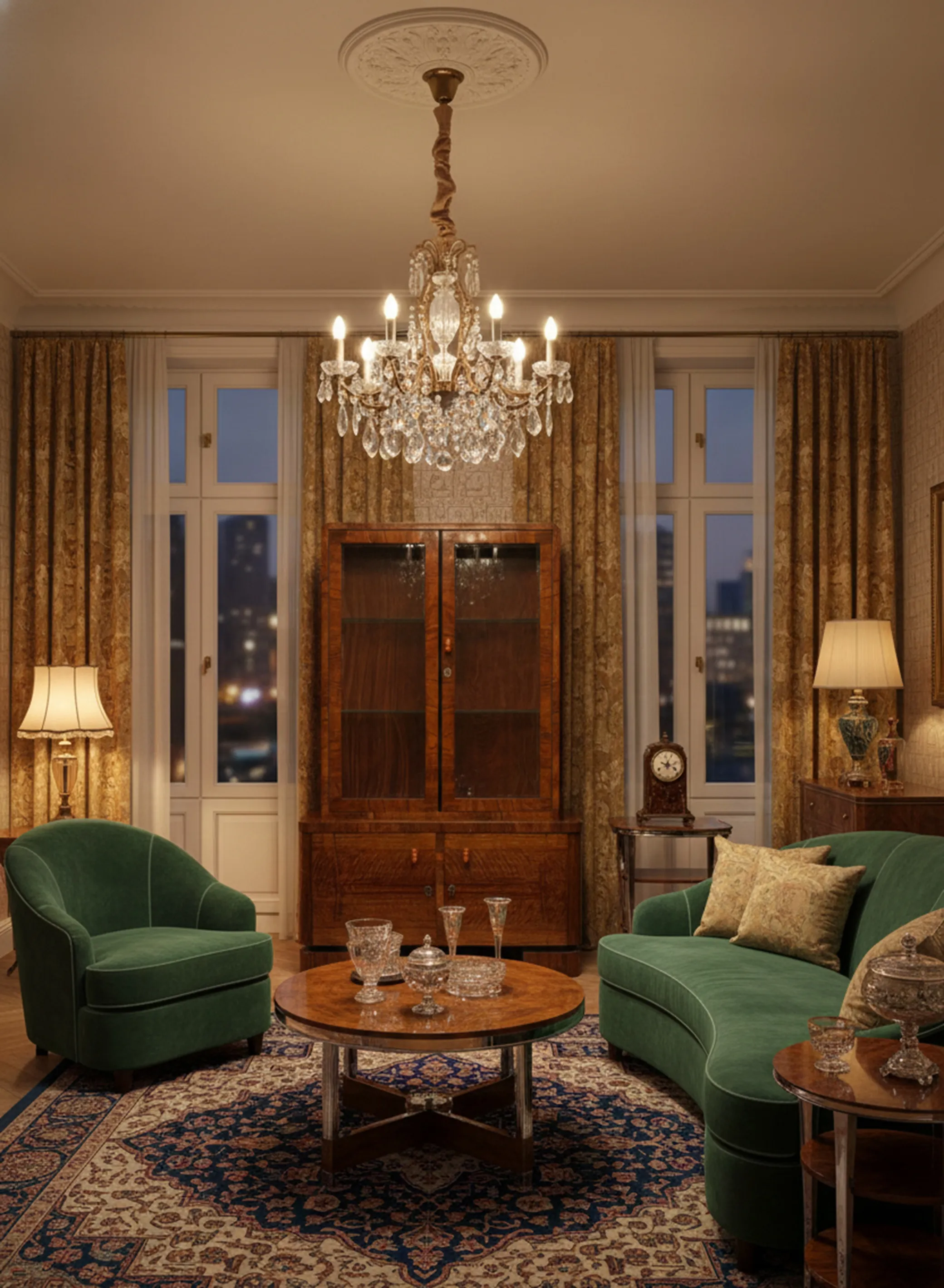 antique bookshelf in an elegant living room with decor