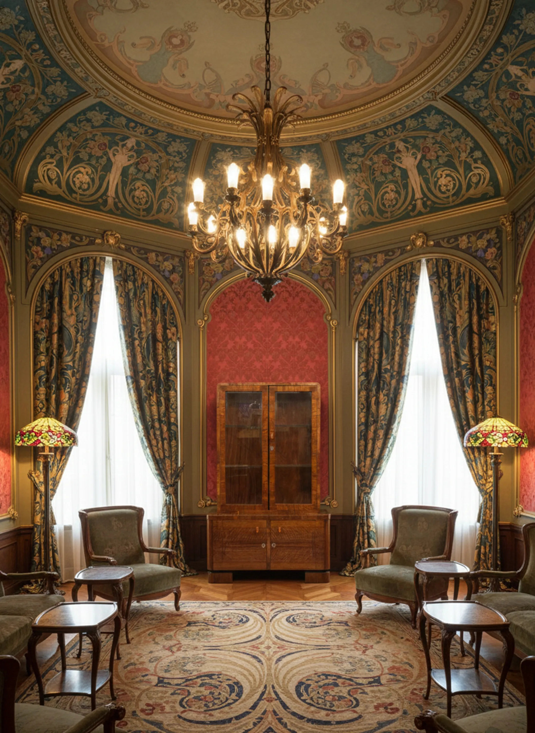 Antique bookcase in a classic living room with a light lamp.