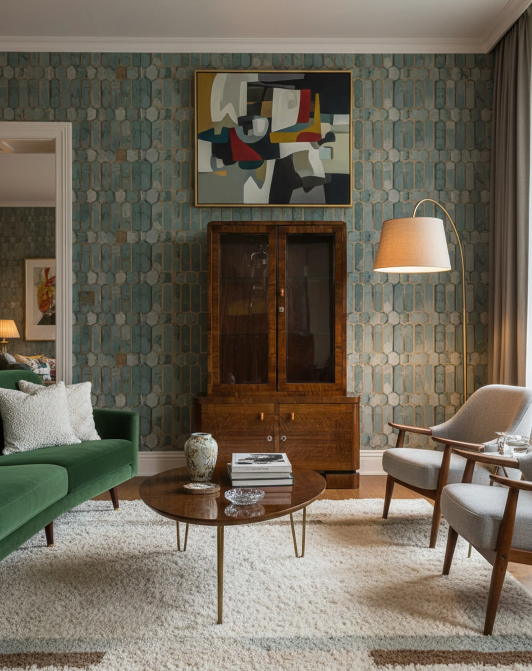 Antique bookcase near a green sofa, elegant decor.