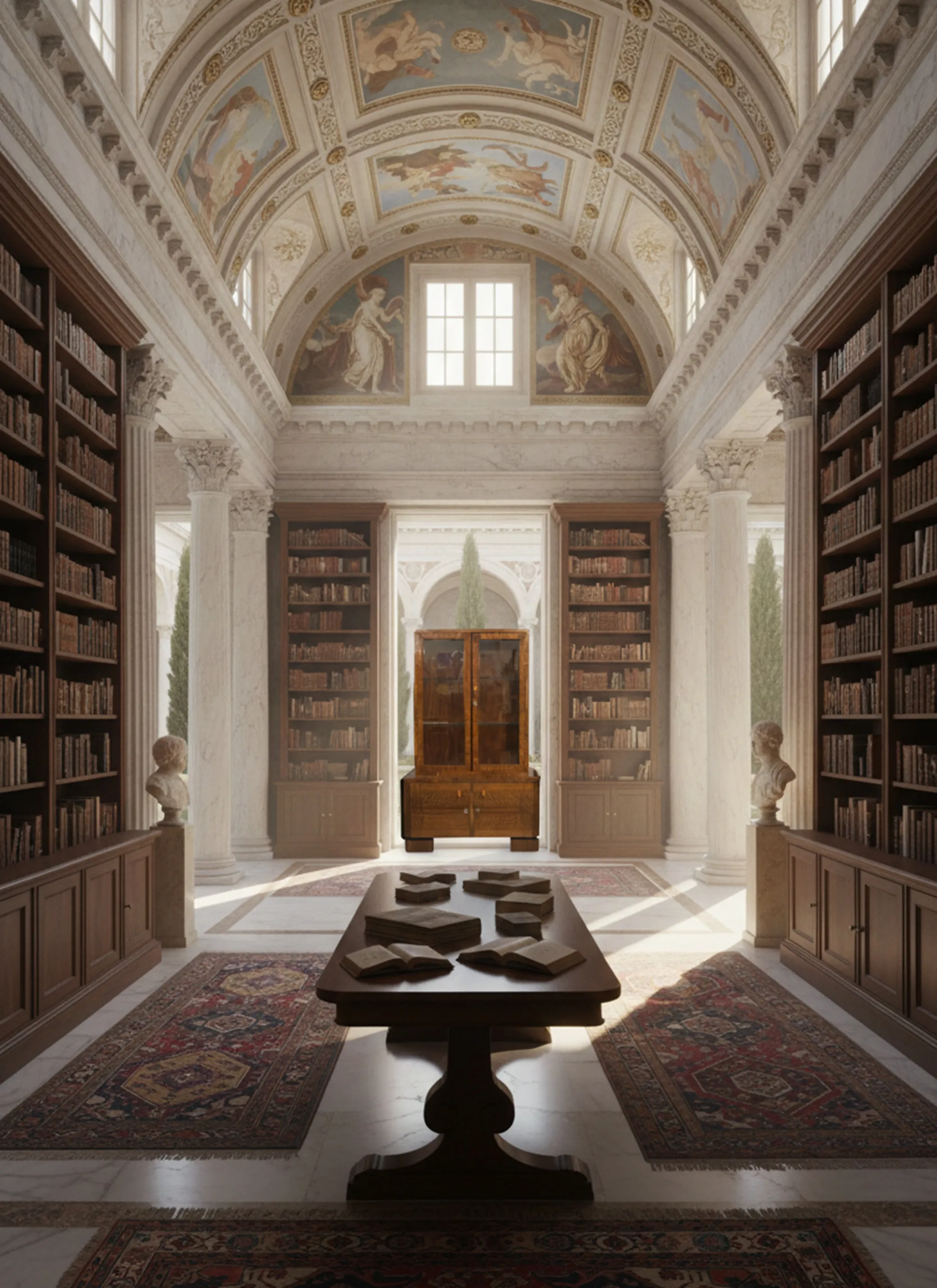 Antiga estante de livros com prateleiras de livros, decoração clássica e tapetes