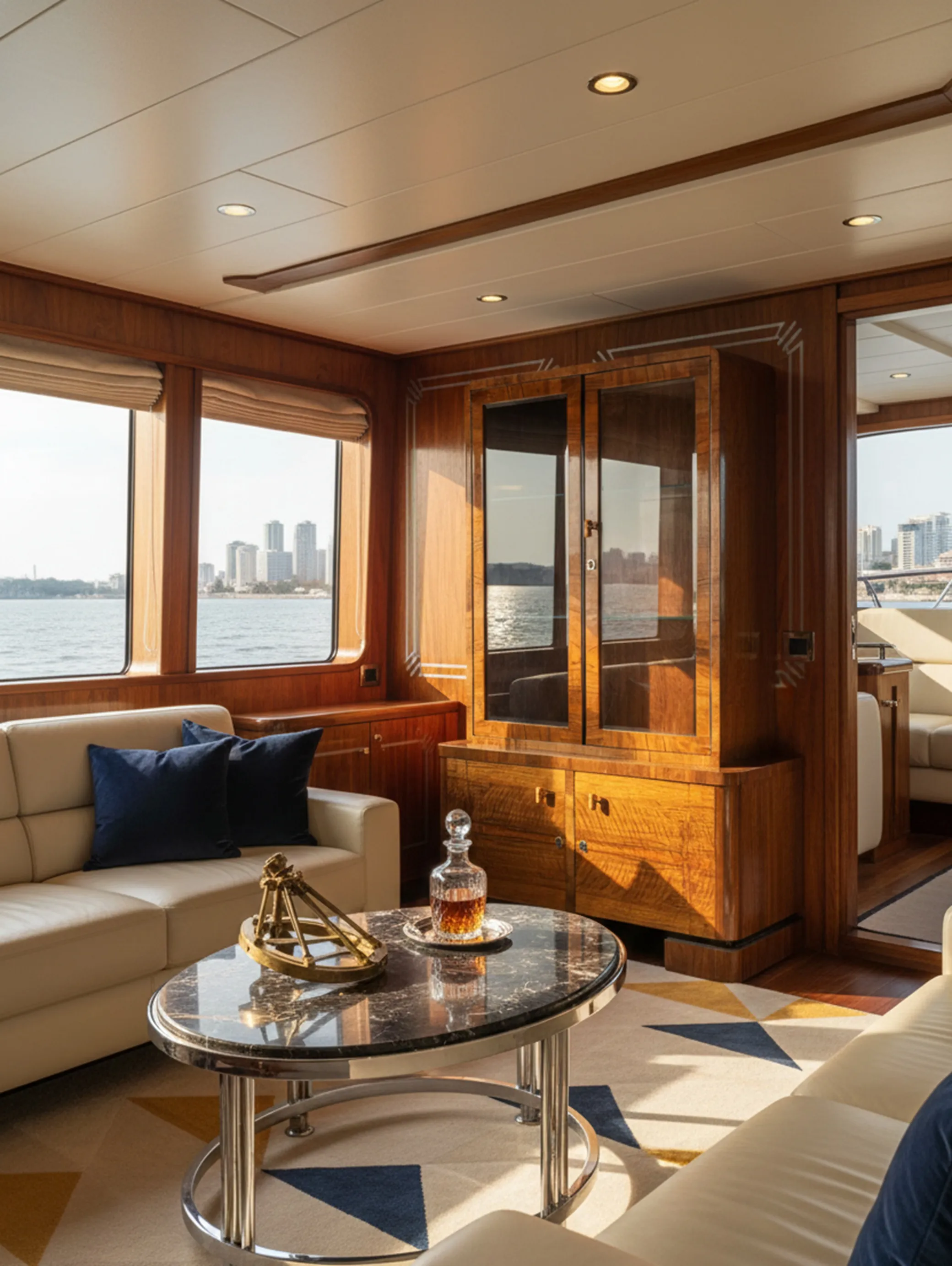 antique bookcase of classic style on a boat.