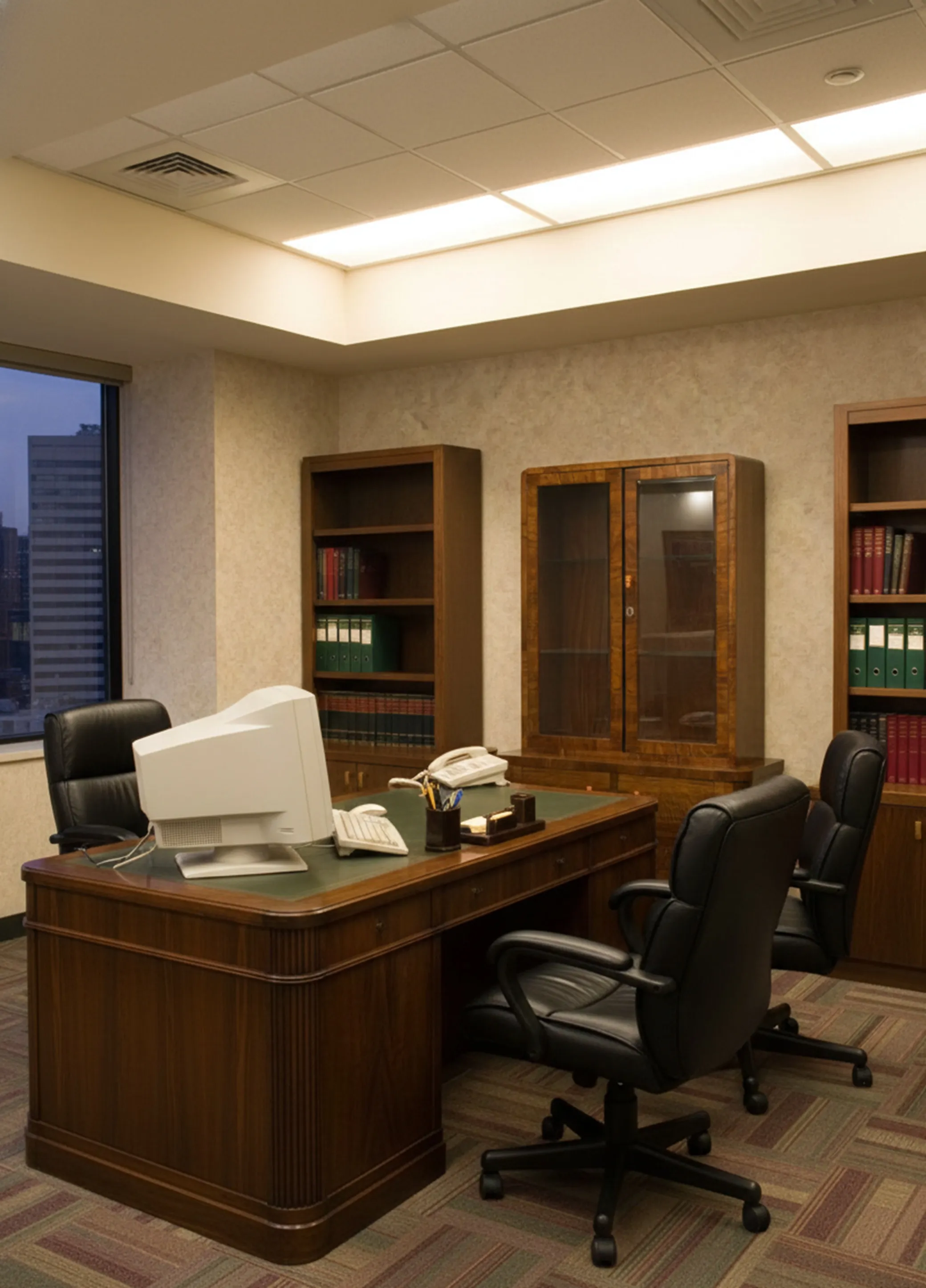 Antique bookcase with various shelves and books, office environment
