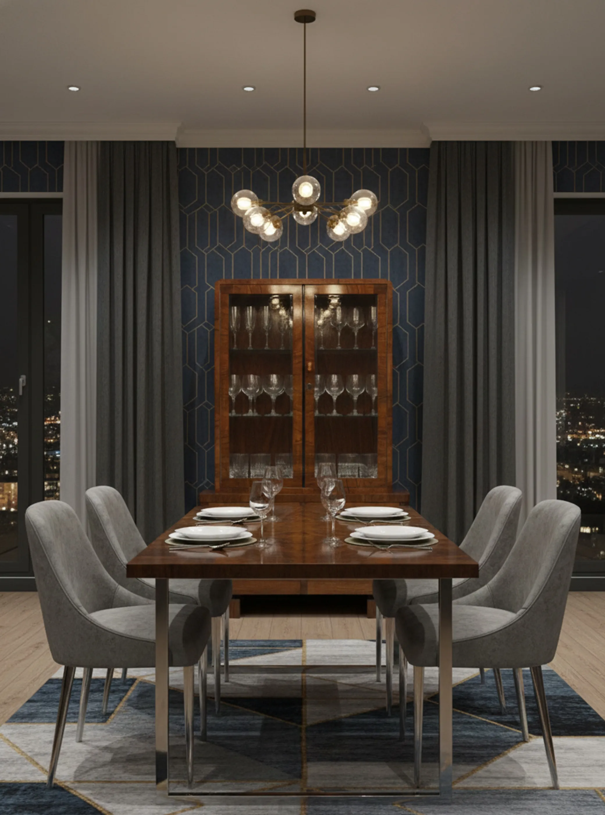 고전 목재 책장, 유리 및 조명 포함