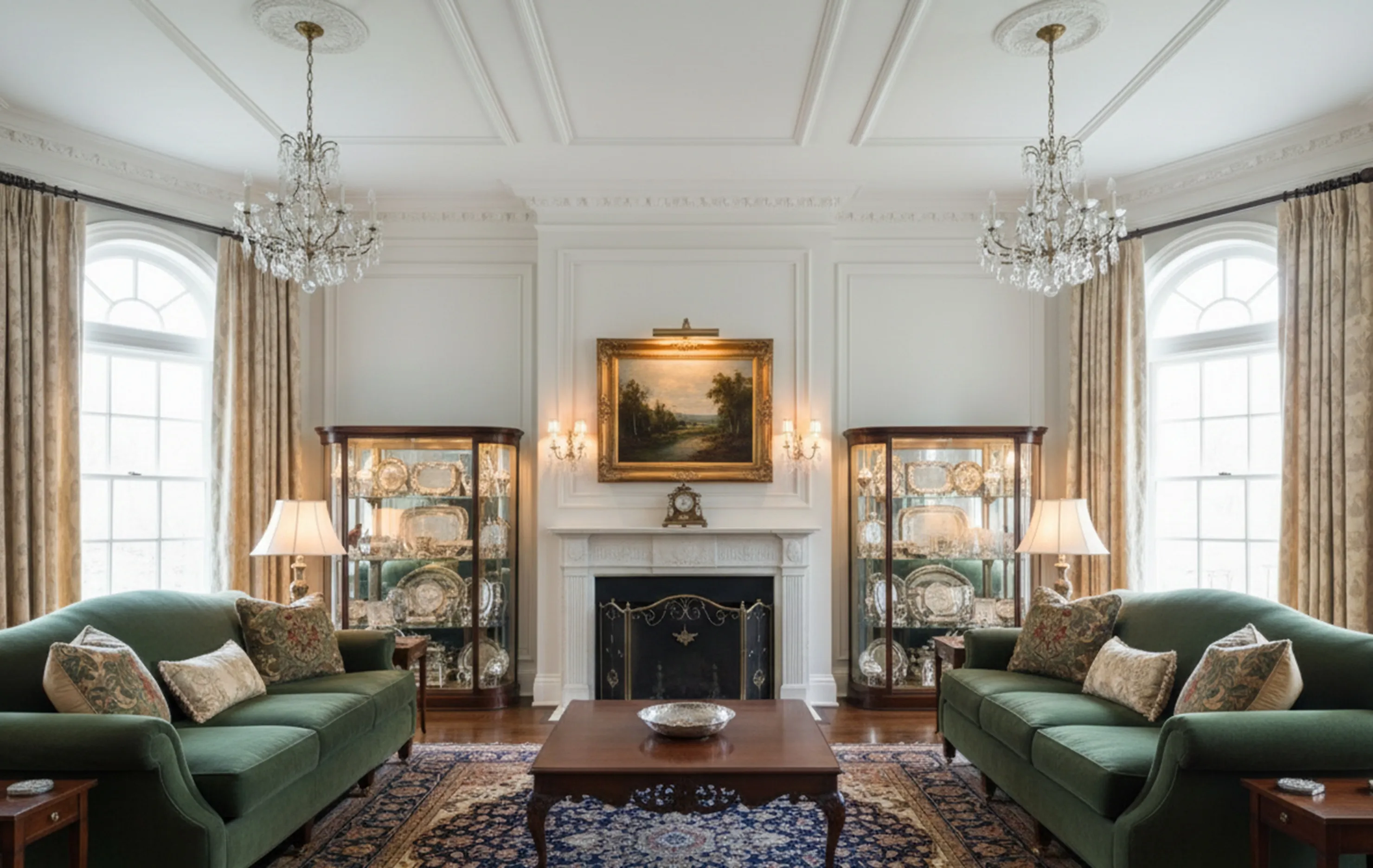 view of 2 antique display cabinets with elegant decor