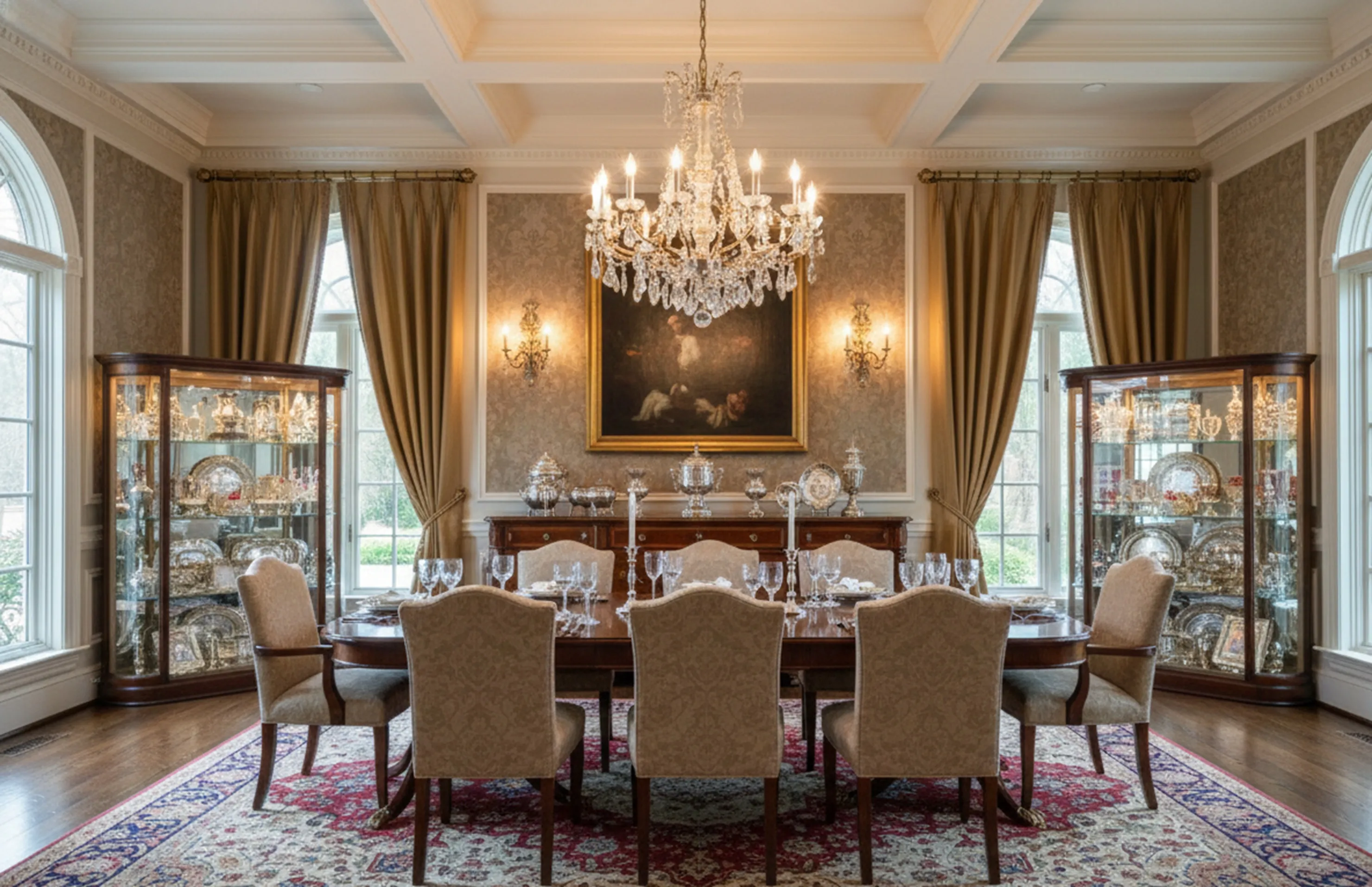 2 antique display cabinets in an elegant dining room with soft lighting