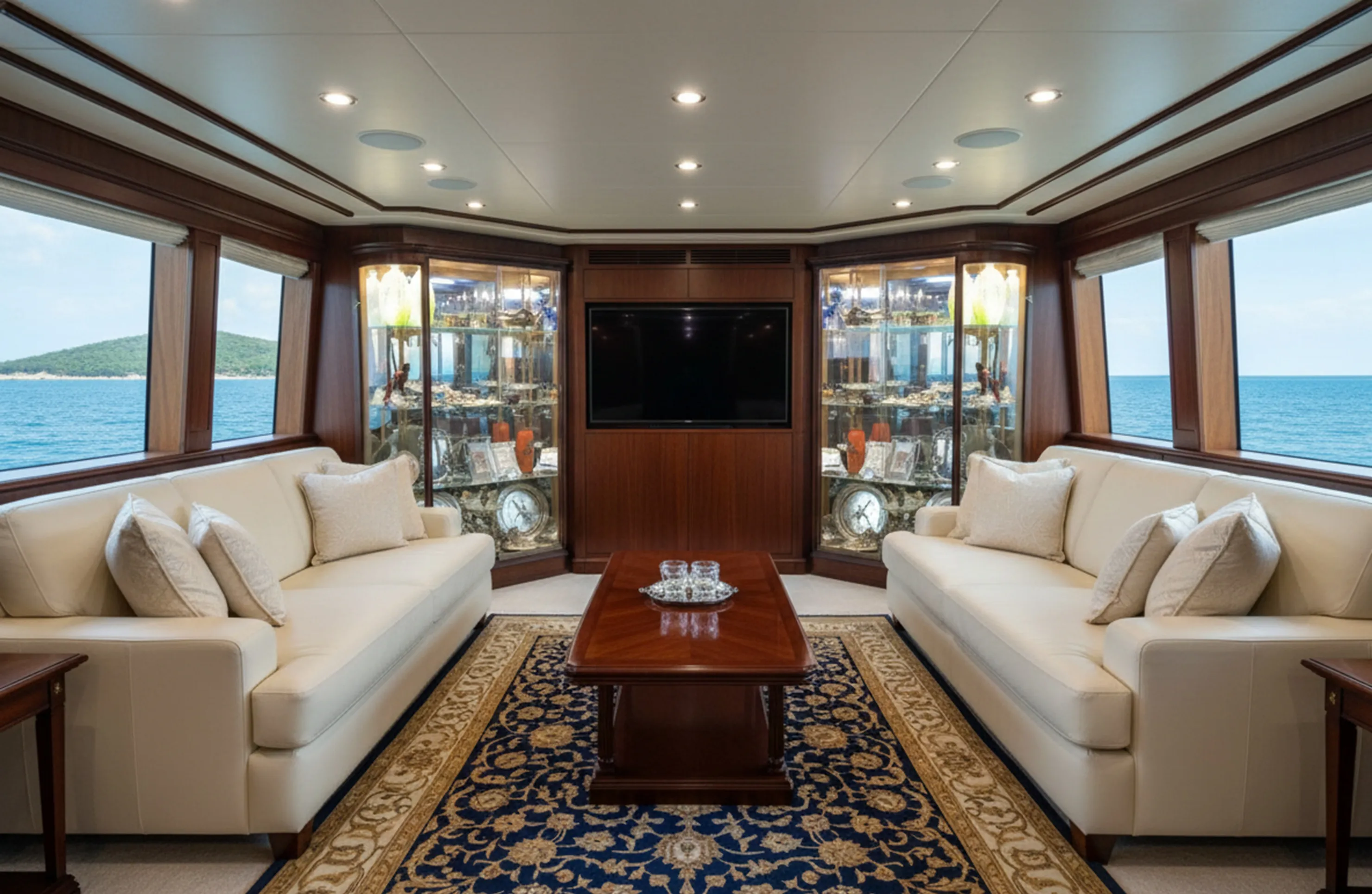 현대적인 장식으로 고급스러운 물건을 보여주는 2개의 조명 있는 디스플레이 캐비닛