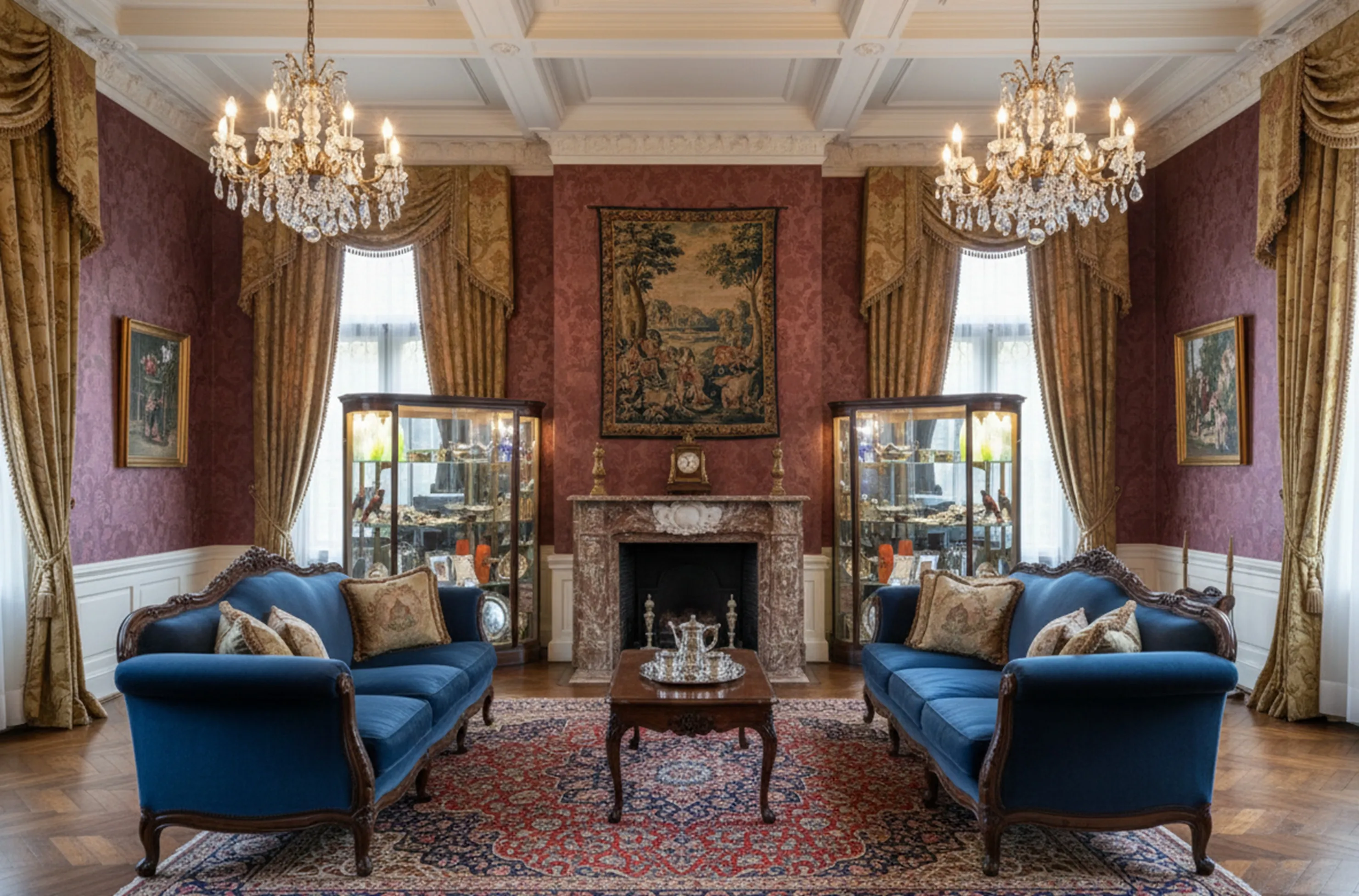 اثنان من خزائن العرض القديمة في غرفة مصممة بشكل أنيق مع أريكة زرقاء