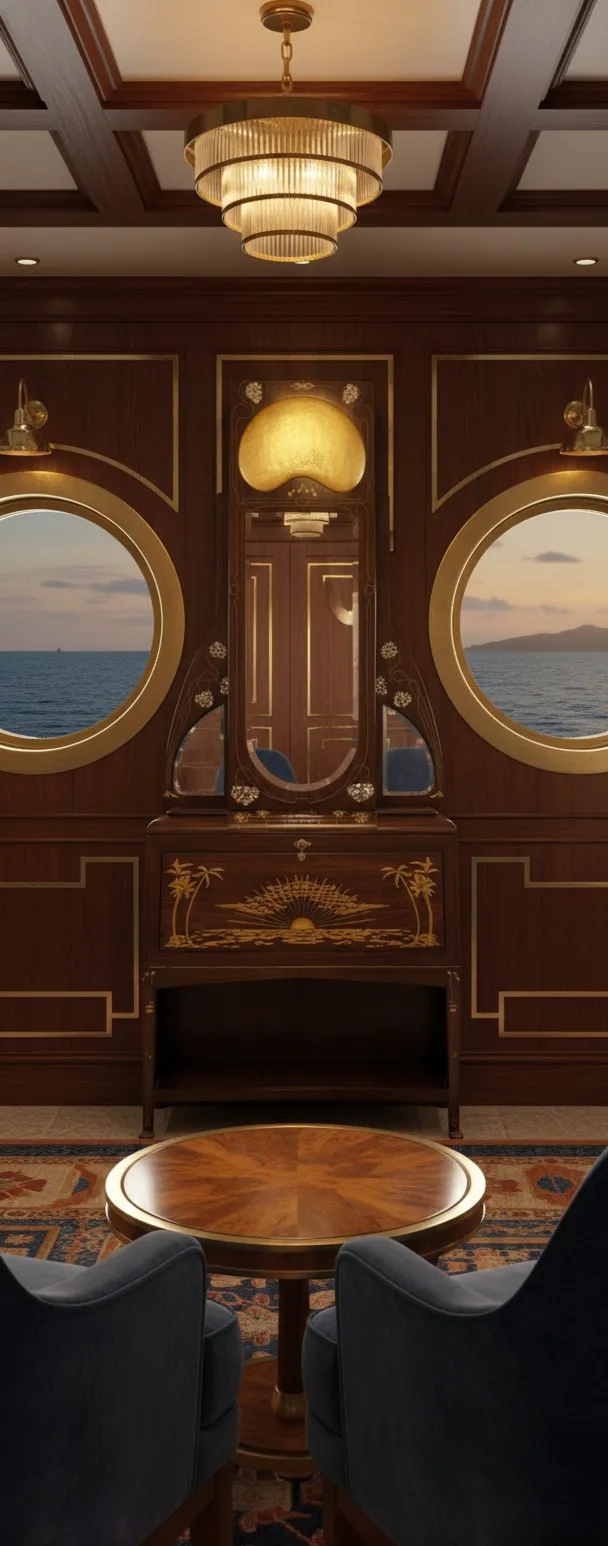 Vitrine antique avec des détails maritimes dans une ambiance élégante.