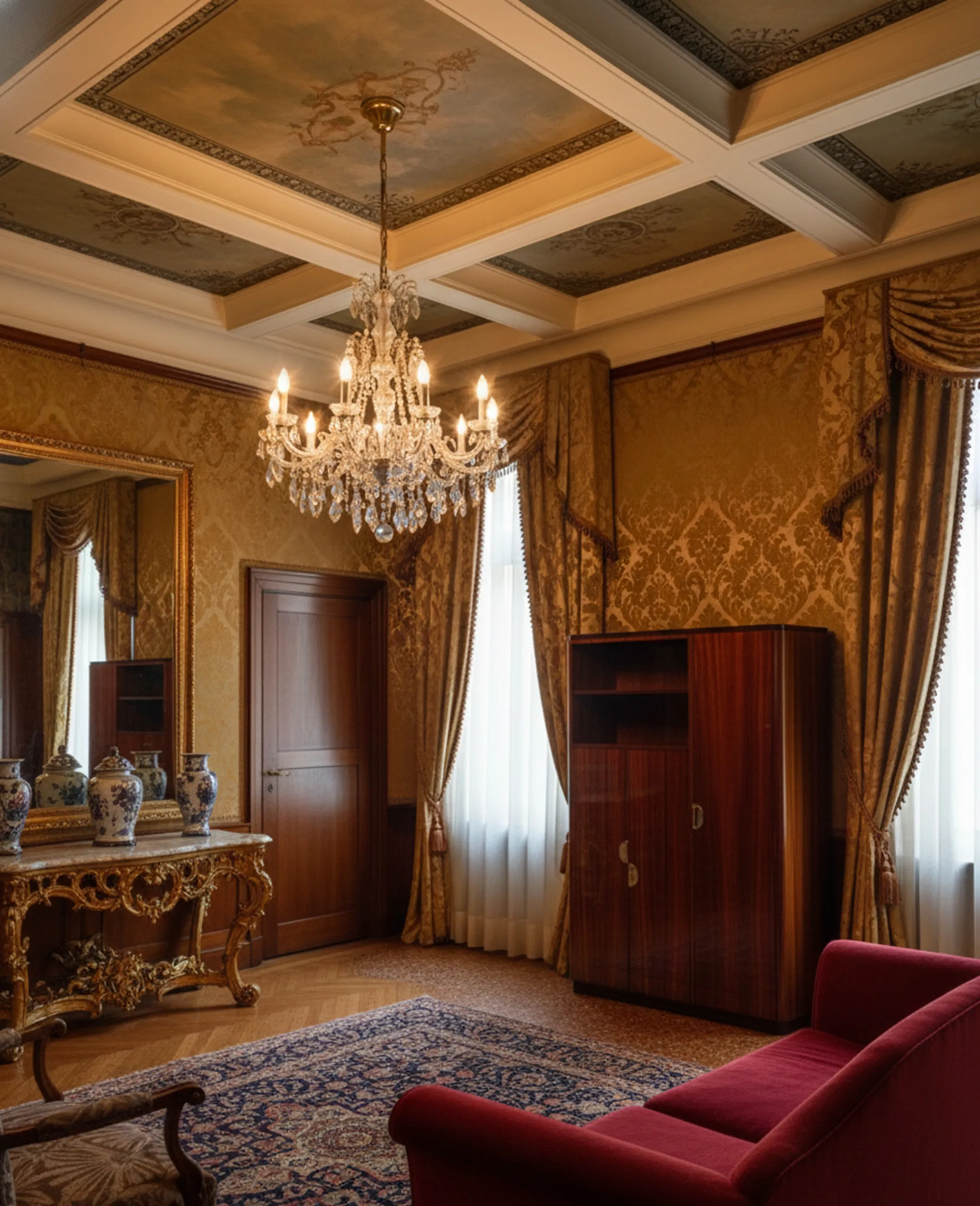 libreria antica in un soggiorno elegante con lampadario