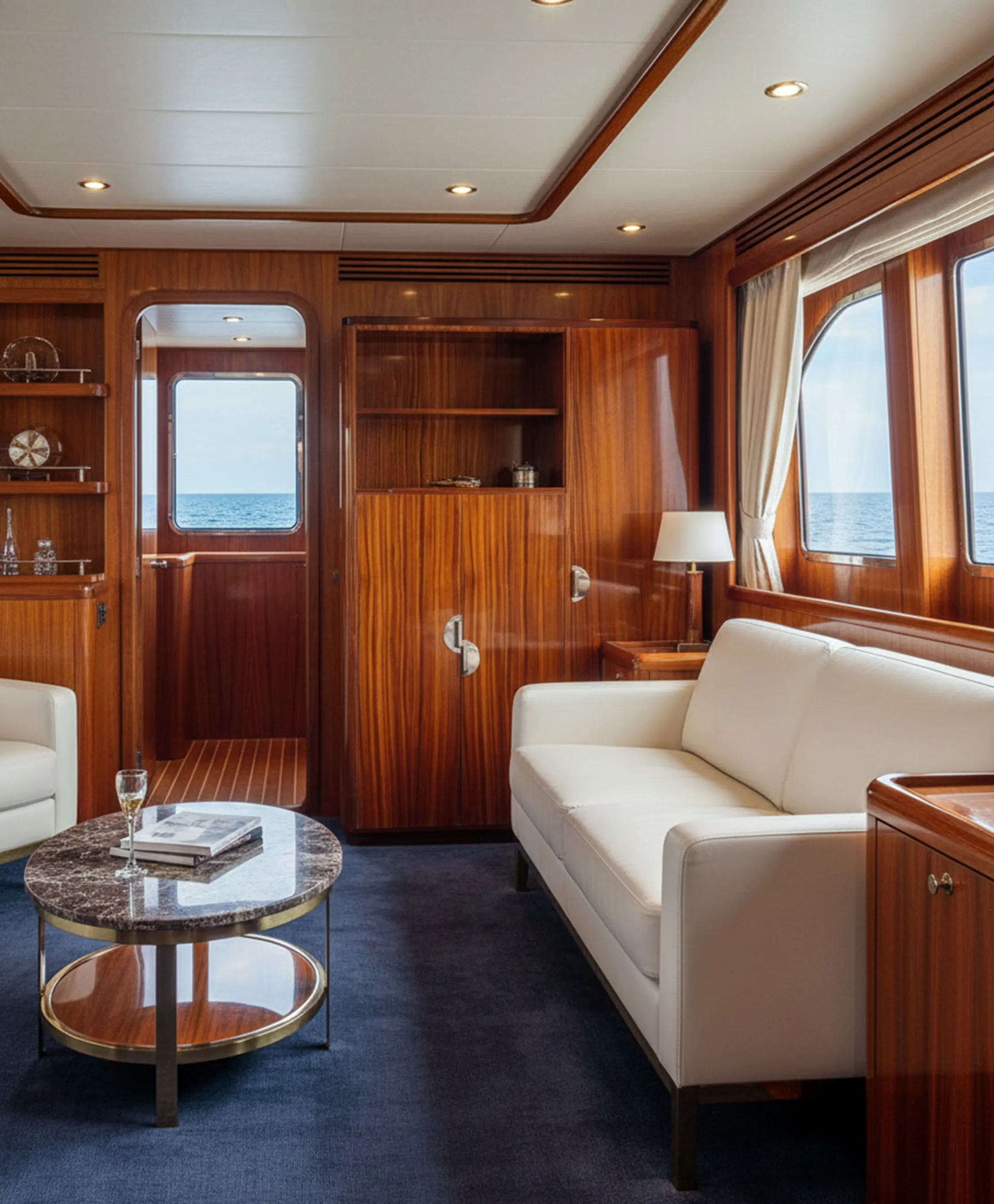 biblioteca antigua en un salón elegante con vista al mar