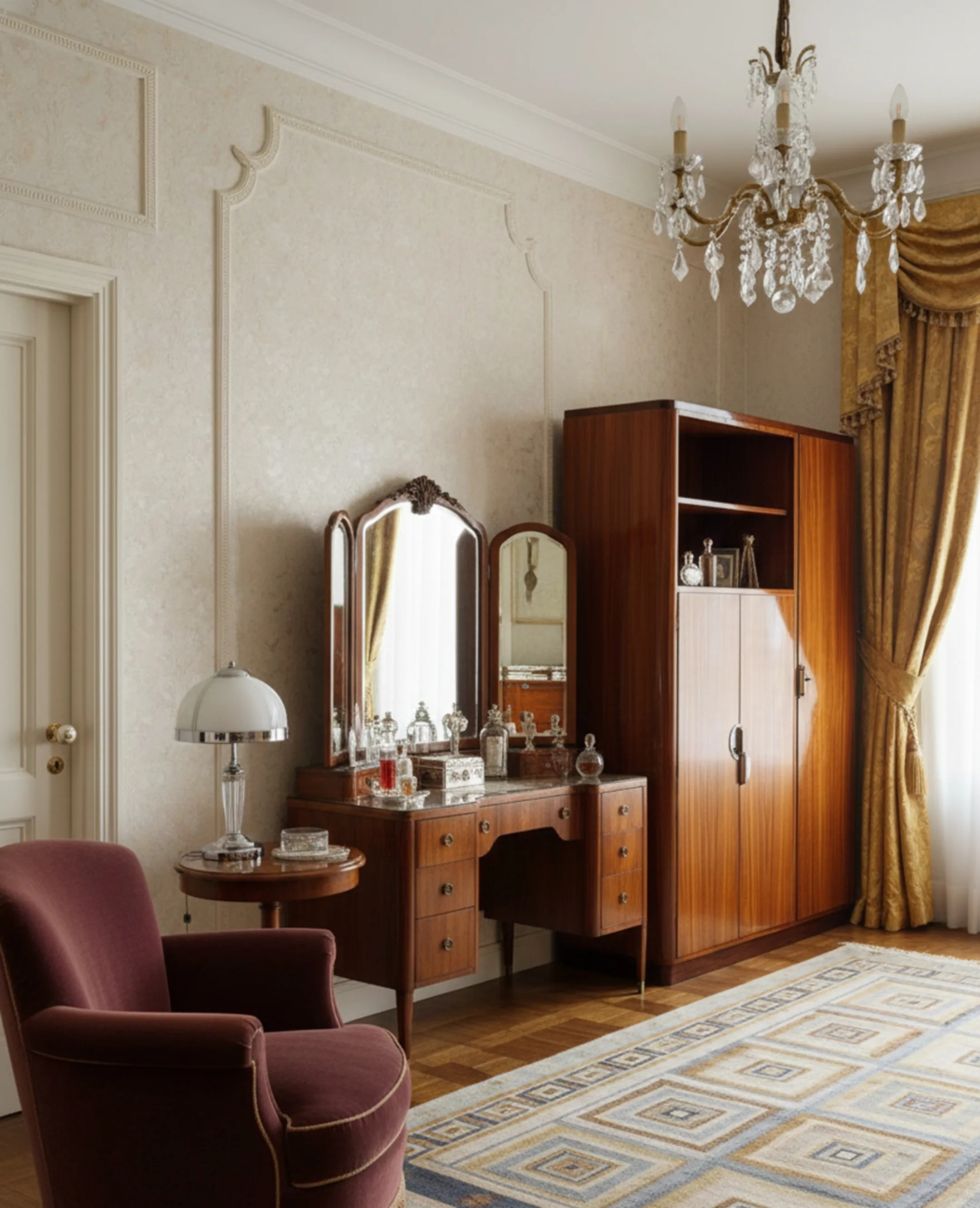 Antique bookcase in an elegant living room with a lamp and mirror