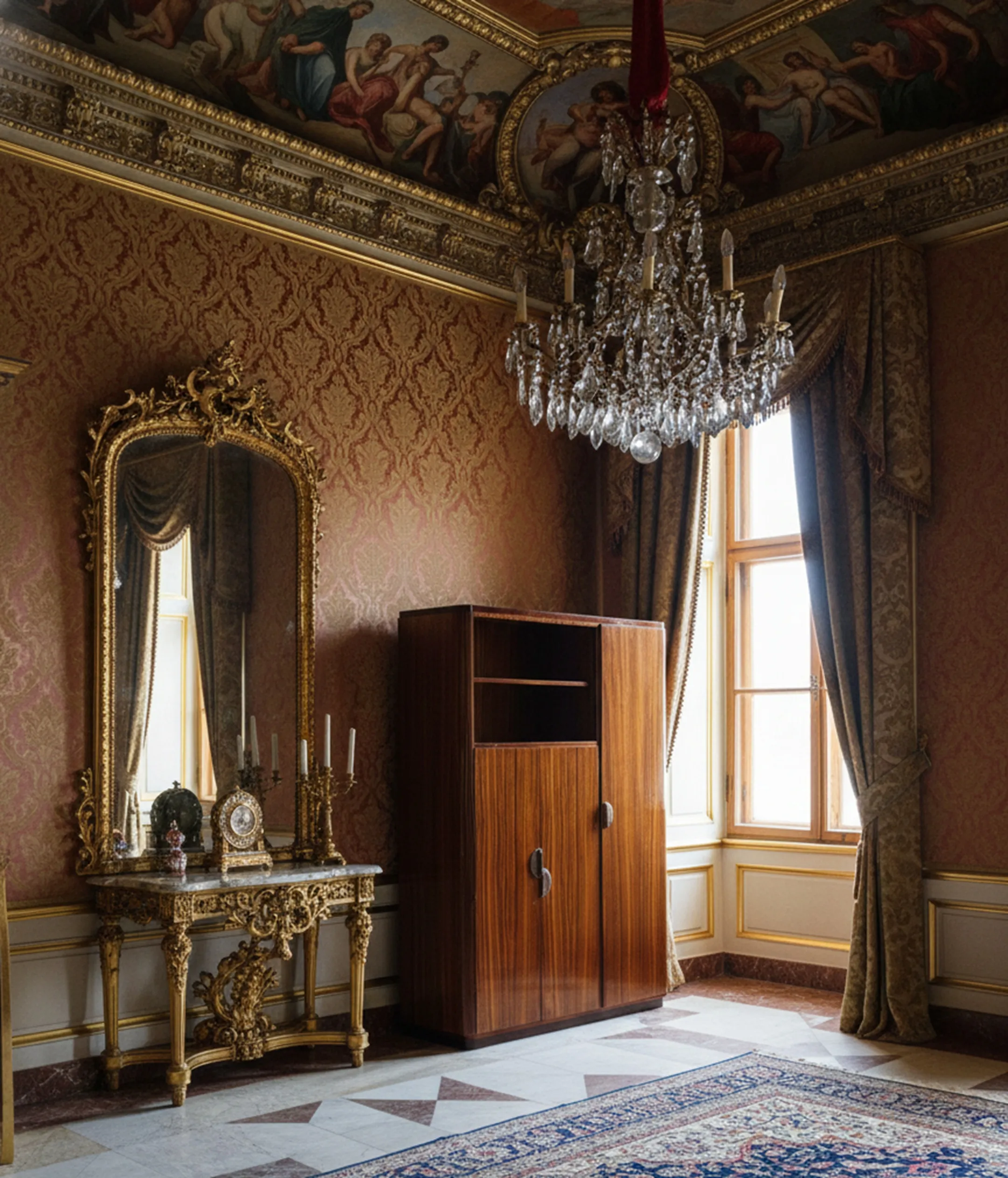 Antigua biblioteca clásica en una habitación elegante con decoración opulenta.