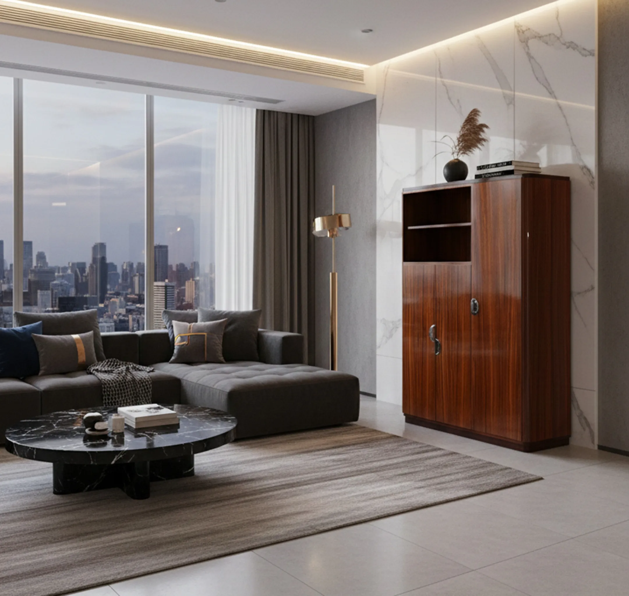 古い本棚と棚がある現代的なリビングルーム、都市の景色。