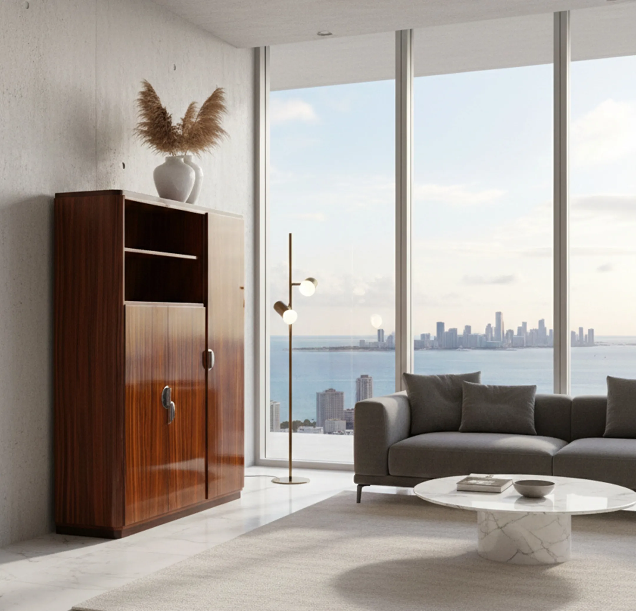 biblioteca antica con dettagli sofisticati e vista moderna sul mare