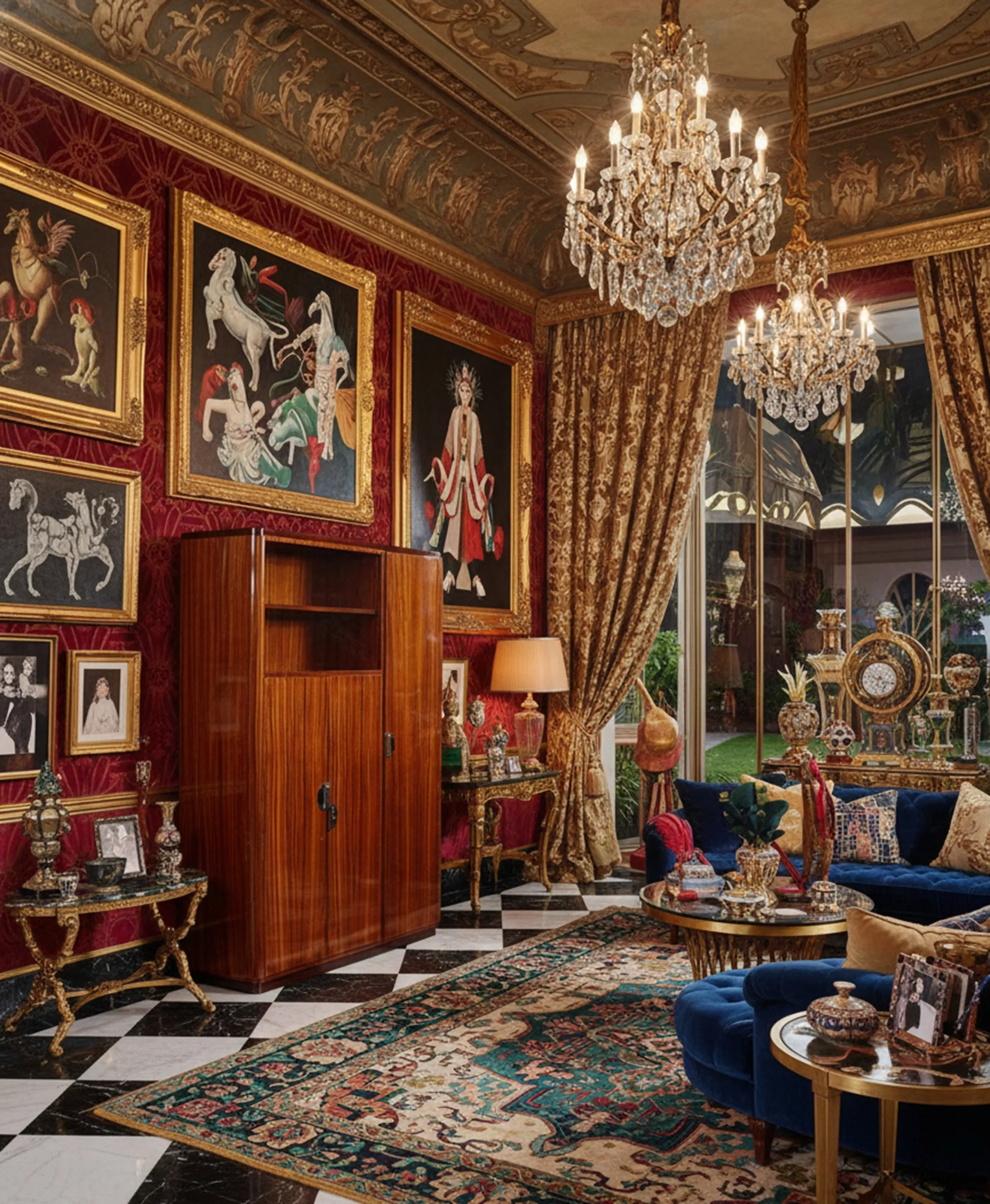 bibliothèque antique dans un salon luxueux avec de l'art