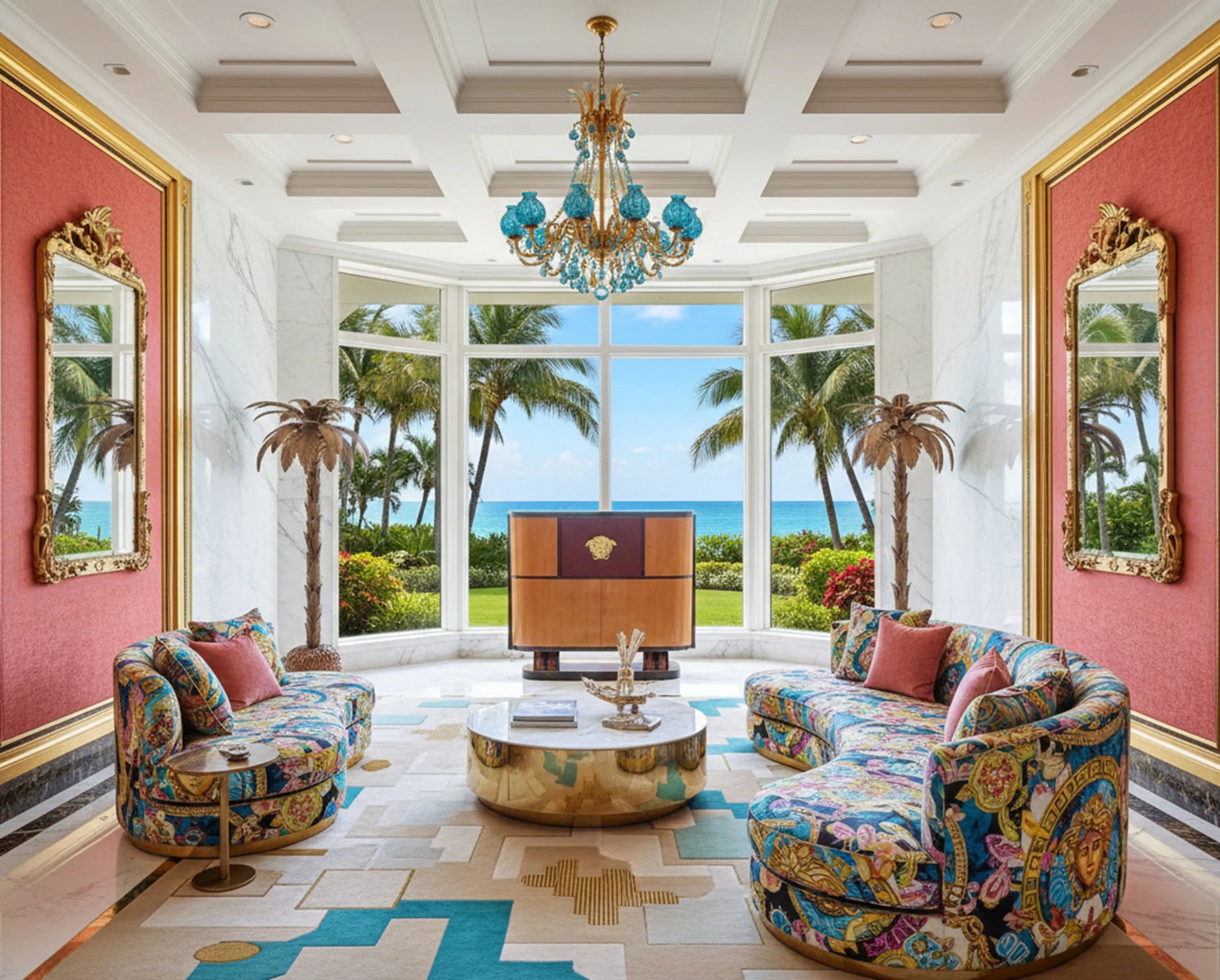 Estante de livros antigo com vista para o mar e decoração luxuosa