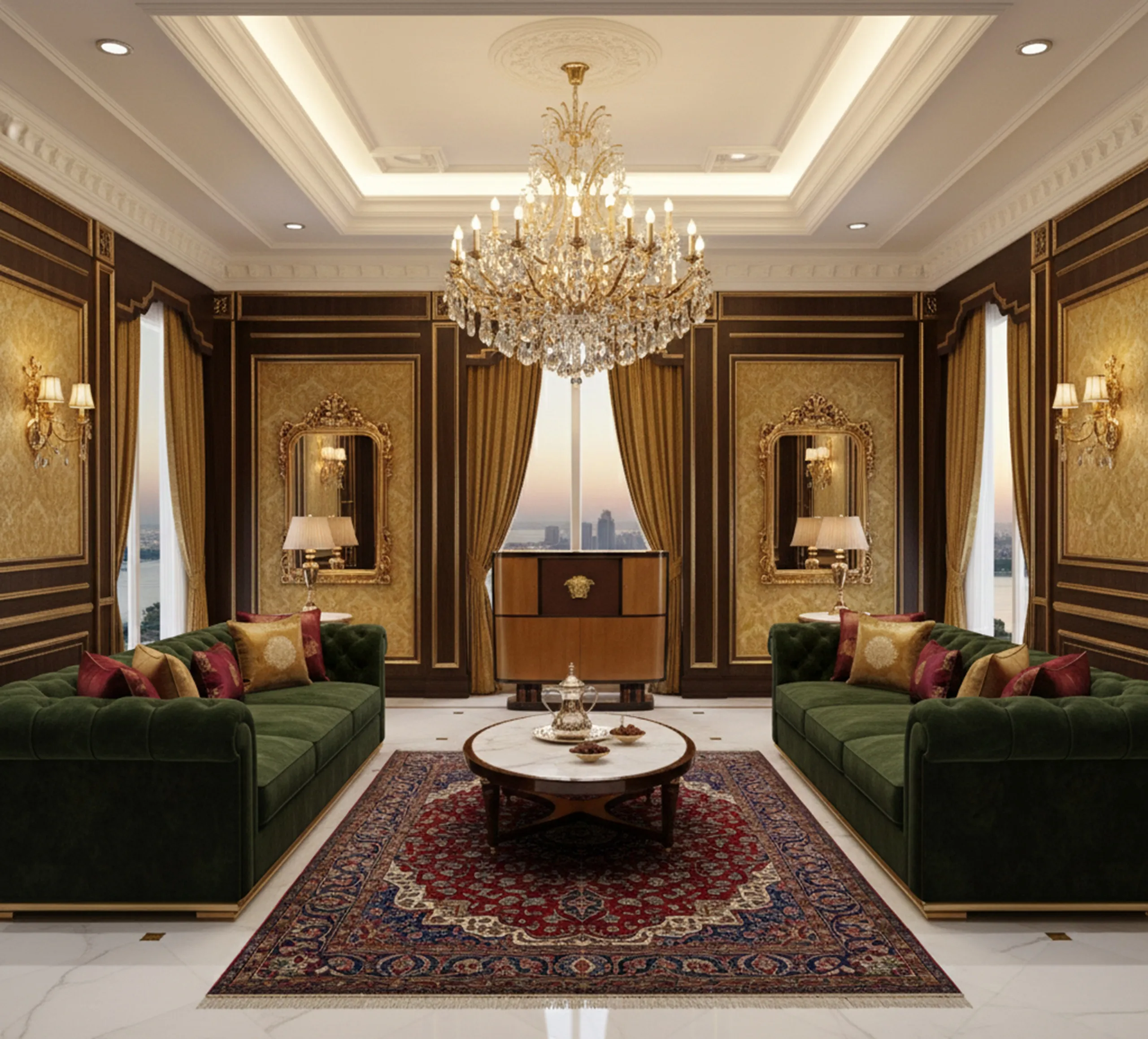 Antique bookcase in an elegant living room with crystal chandelier.