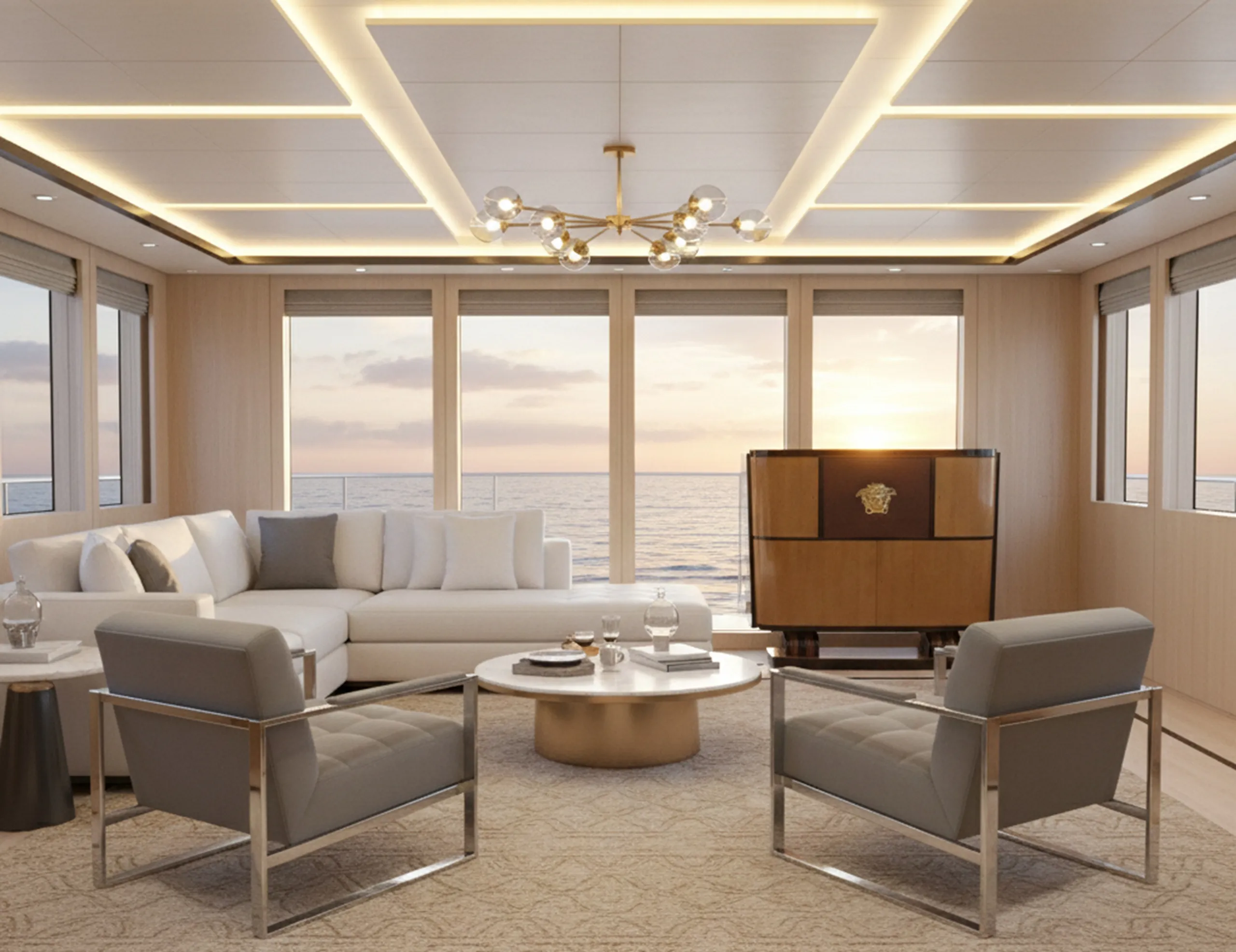 estante de livros antigo elegante com iluminação suave e vista para o mar