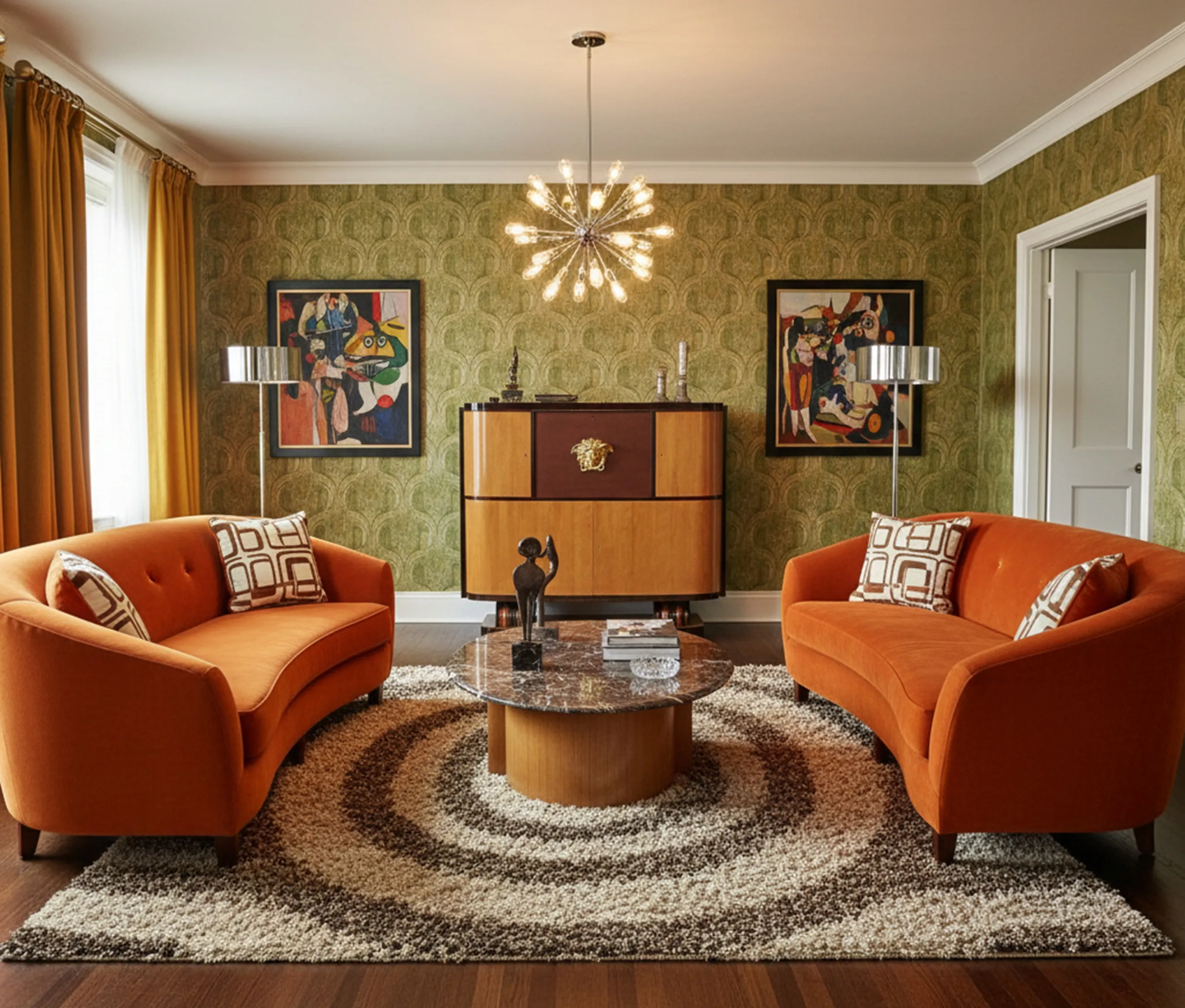 salon avec bibliothèque ancienne, canapé orange et décoration artistique