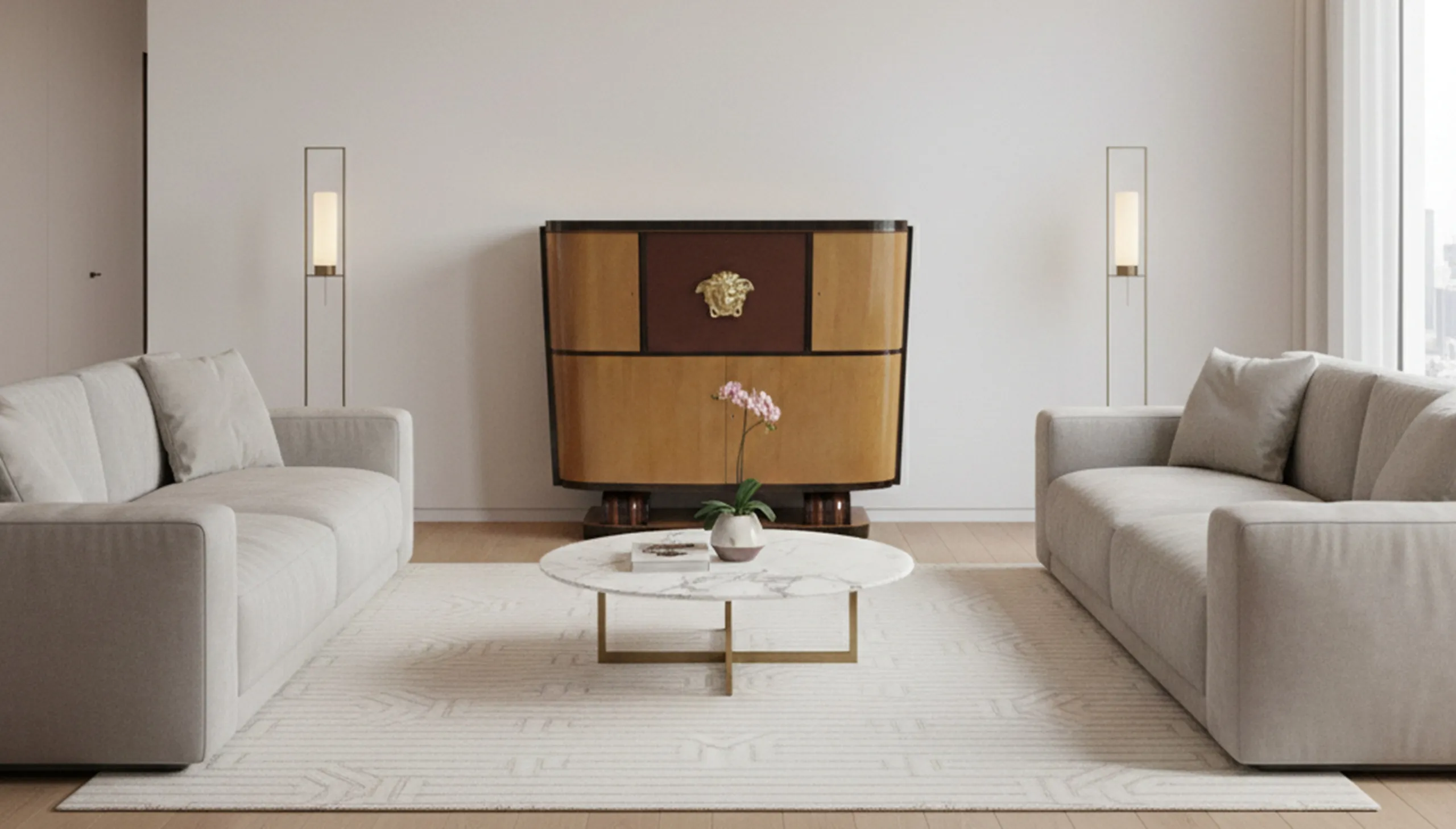 Bibliothèque antique dans un salon moderne avec canapé et table basse.