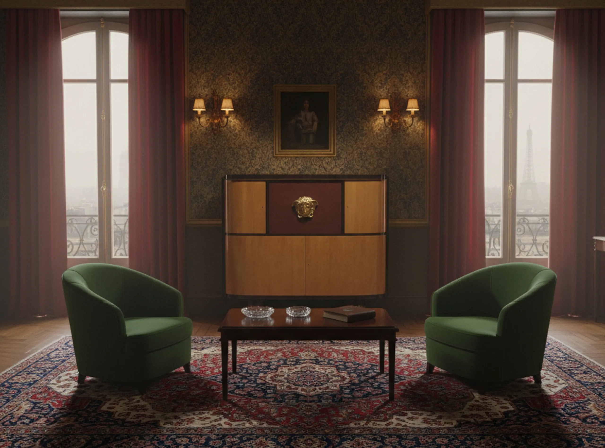 Antigua biblioteca en un entorno elegante, con sillones verdes y cortinas rojas.