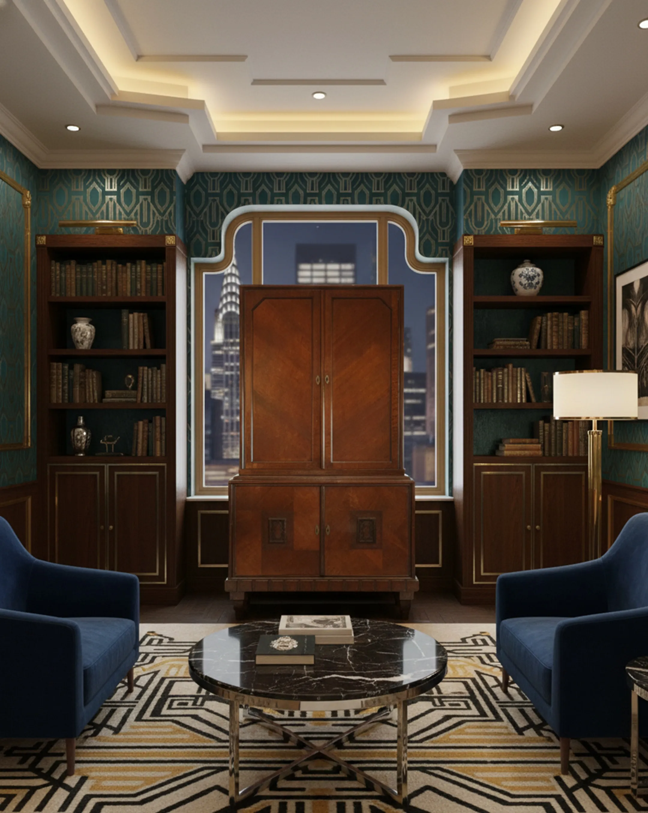 Estante de livros antigo cheio de livros, ambiente elegante.