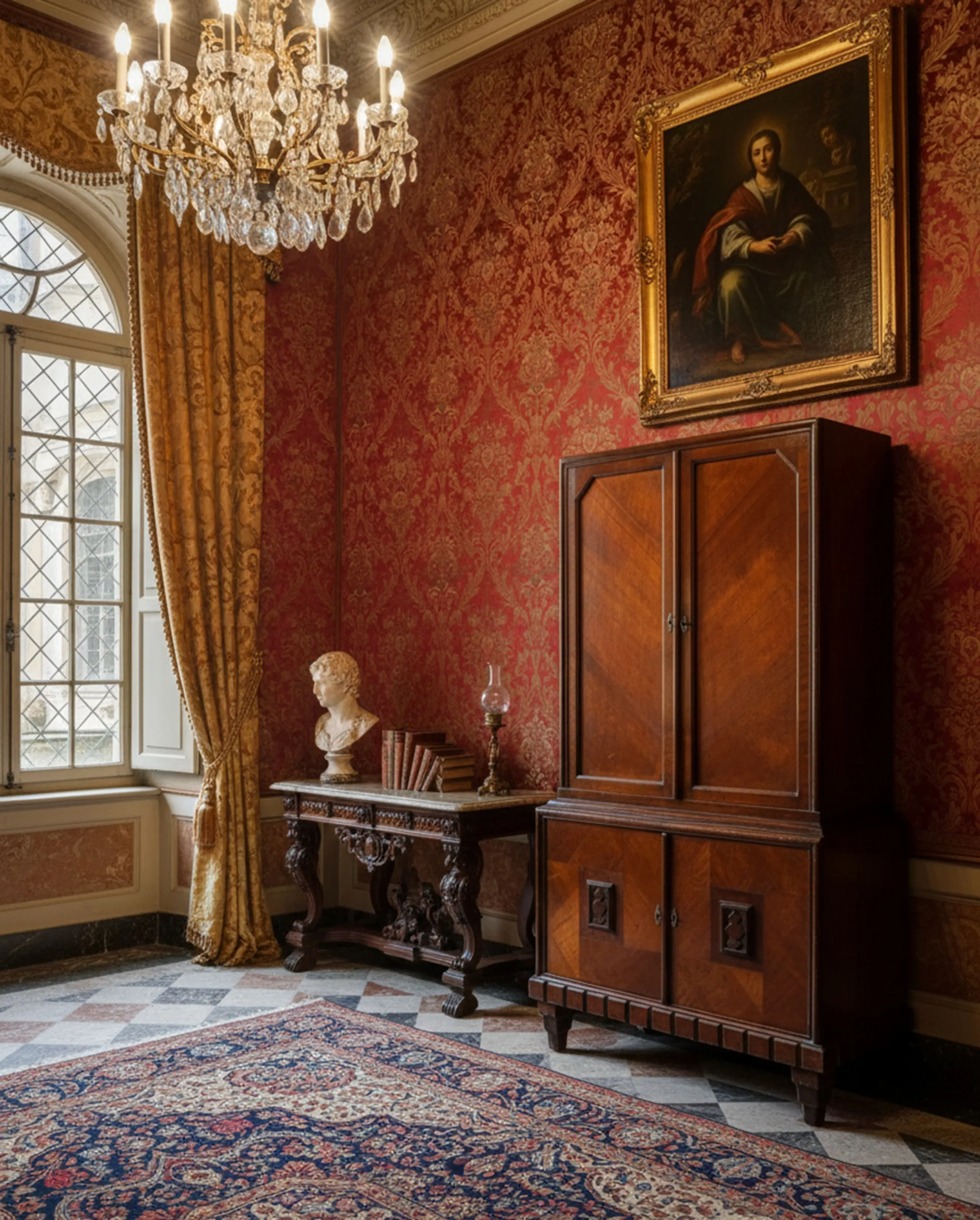 antique wooden bookcase with decorative shape in an elegant room with paintings and chandeliers
