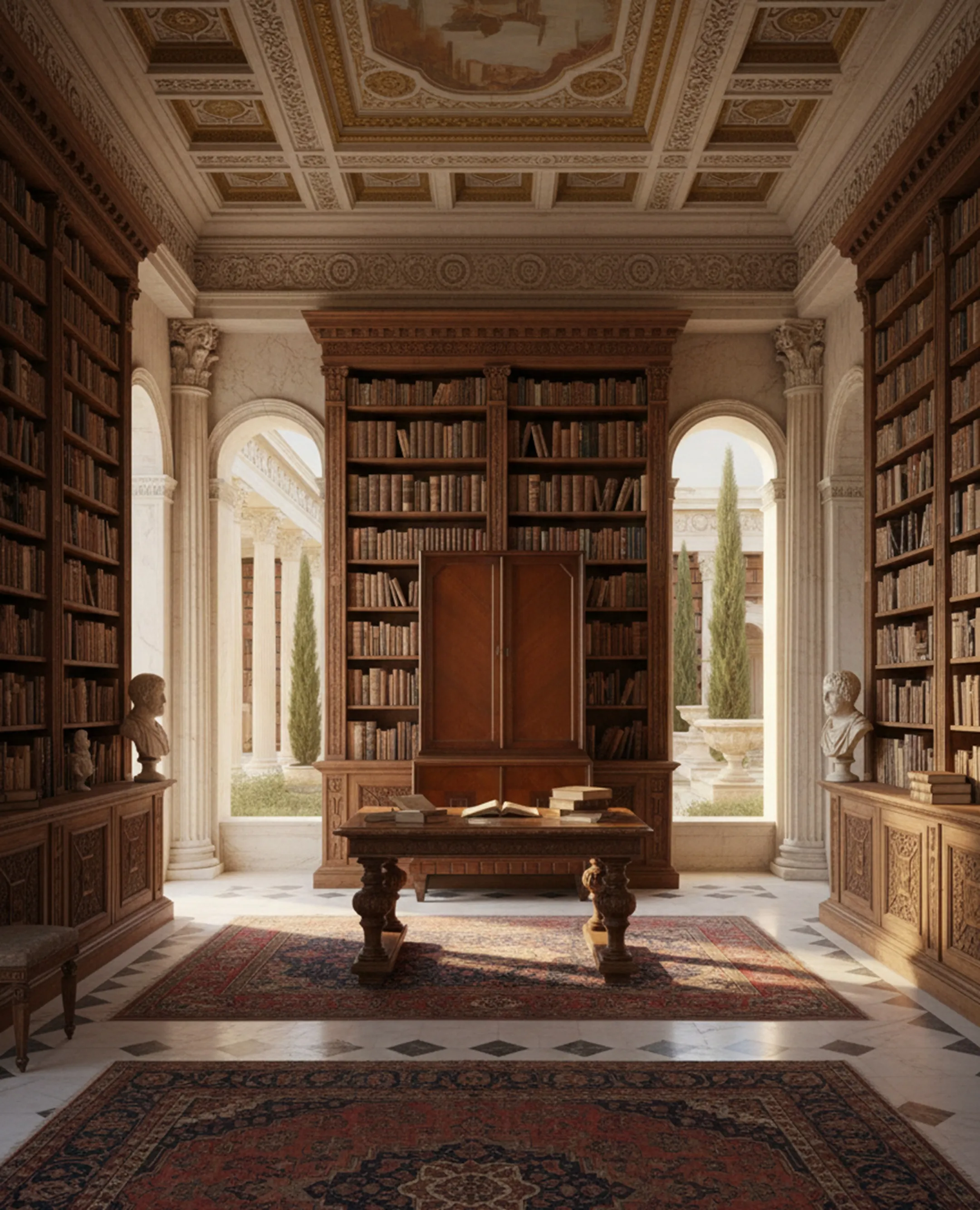 Uma estante de livros antiga com prateleiras cheias de livros e uma mesa