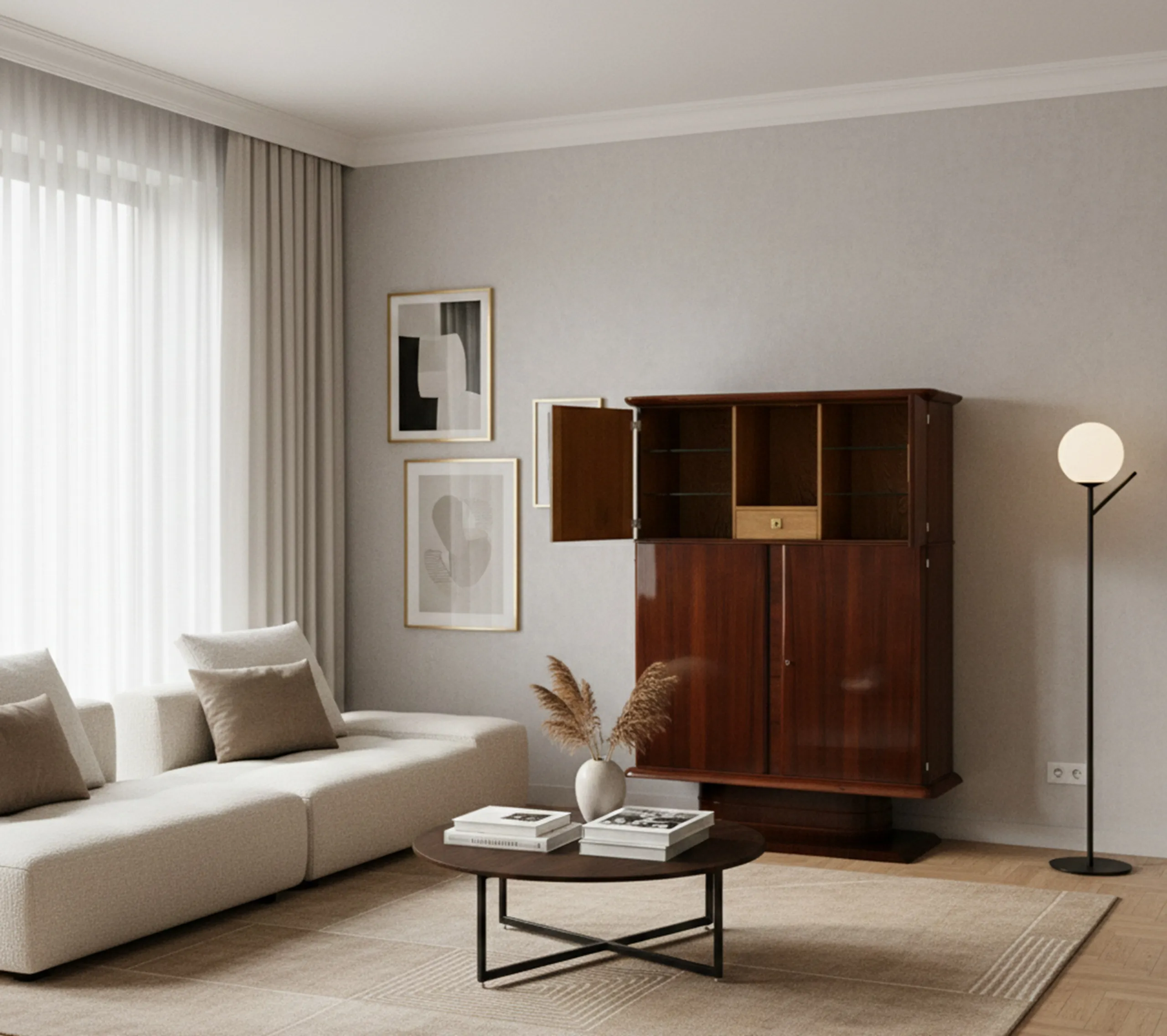 ancien meuble bar dans une pièce avec canapé et décoration moderne