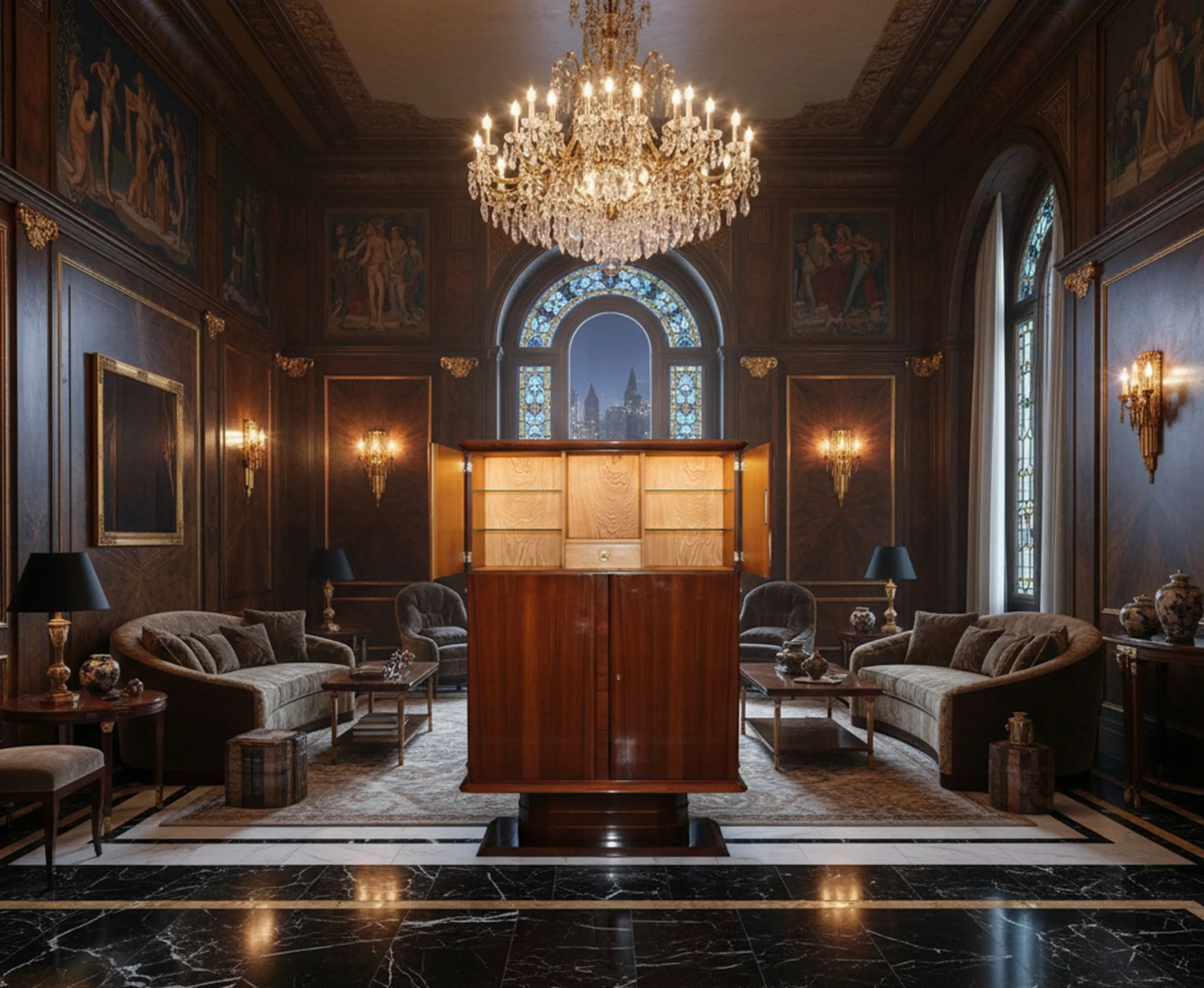 Antiker Bar in elegantem Wohnzimmer mit Kronleuchter und klassischer Kunst.