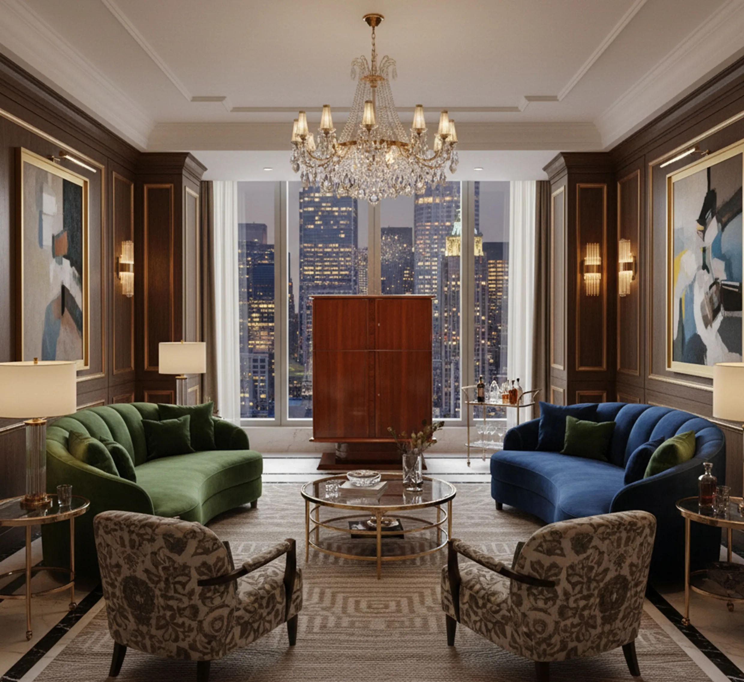 Antique bar in elegant contemporary living room