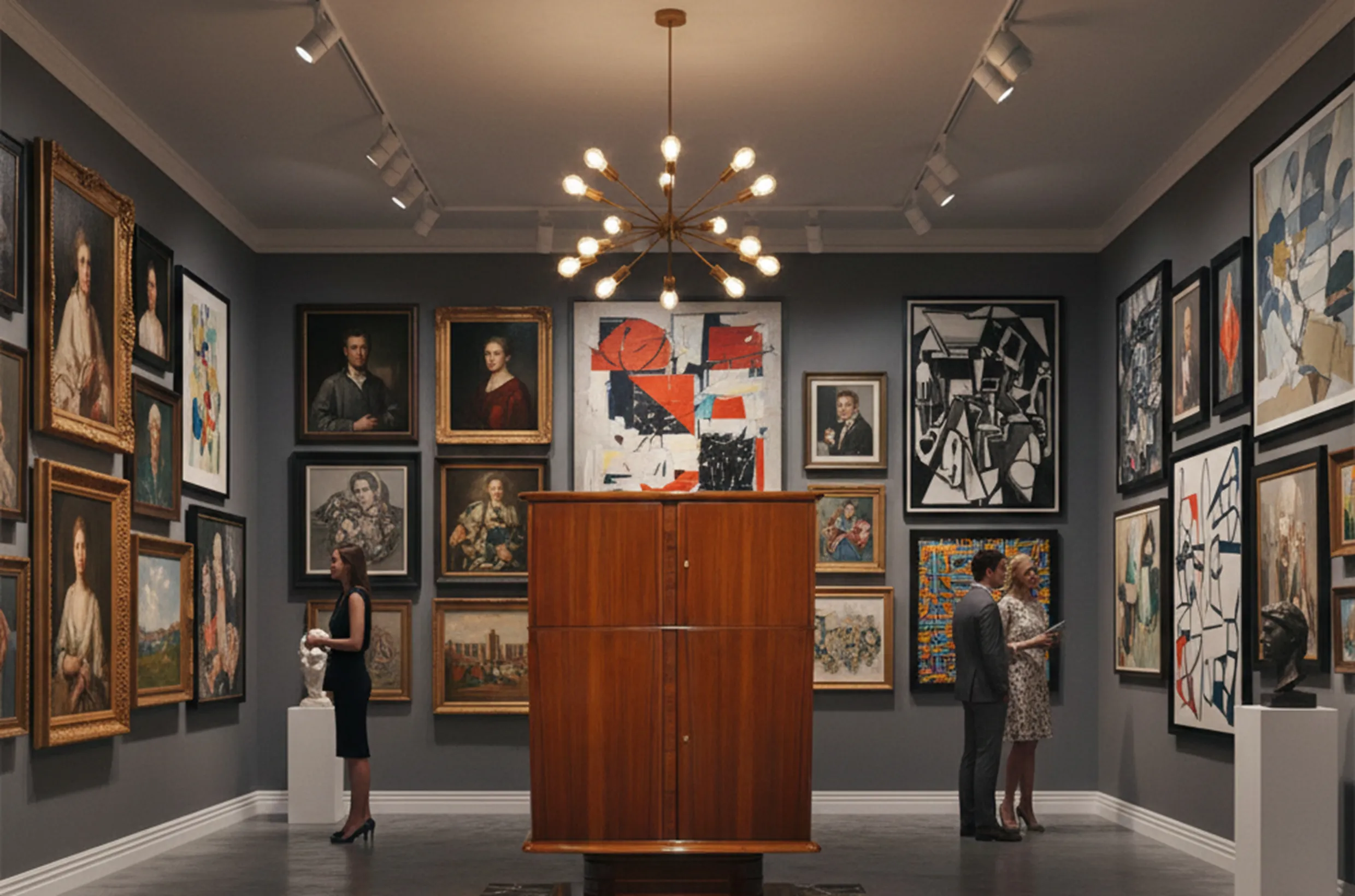 Armário bar antigo em um ambiente de galeria de arte