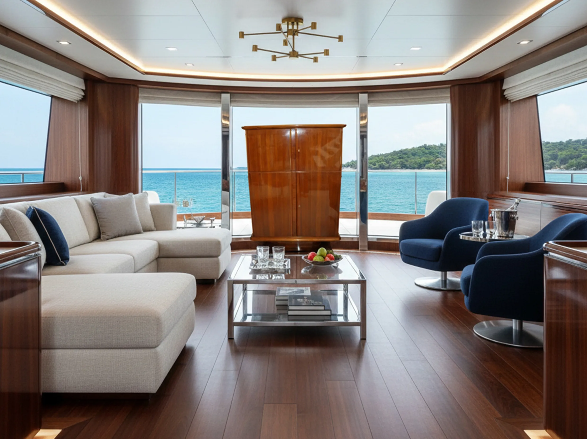 Antiker Cocktailschrank in einem stilvollen Salon am Meer mit blauen Stühlen.