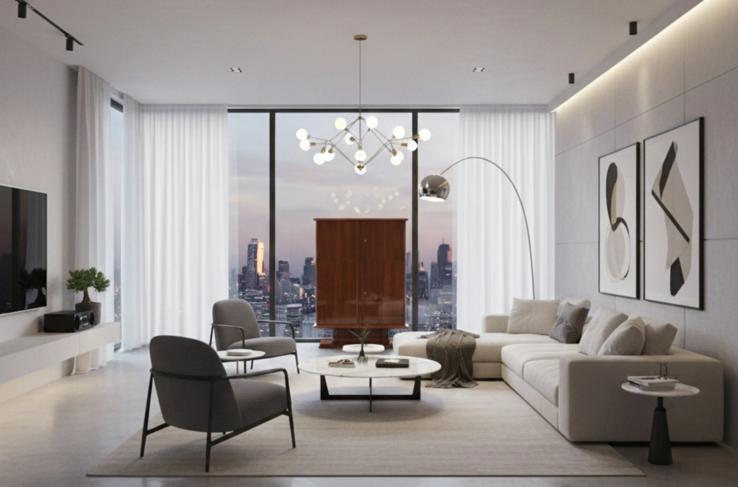 Elegant antique bar in a modern room with urban views.