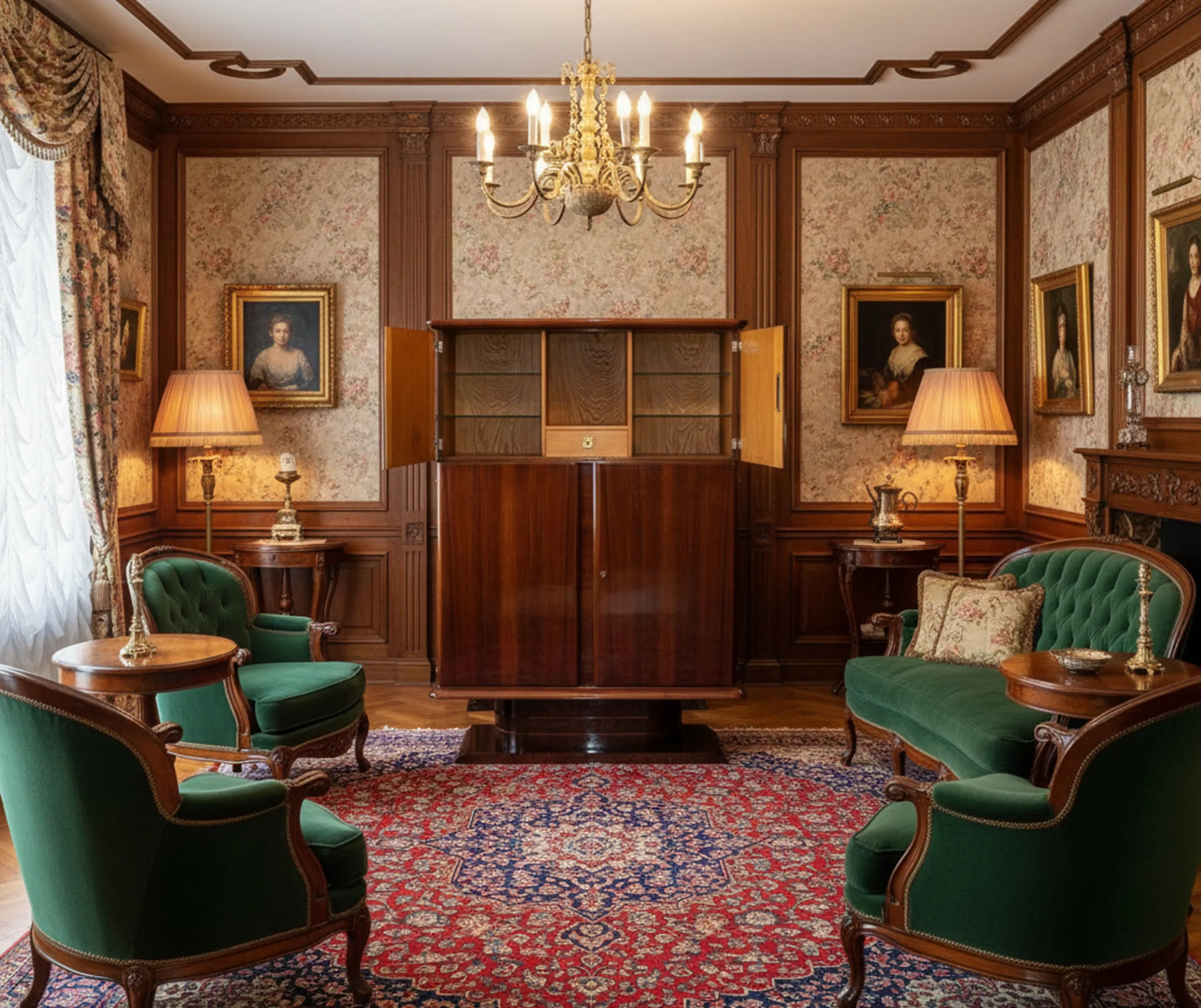 bibliothèque antique dans une pièce avec des fauteuils verts