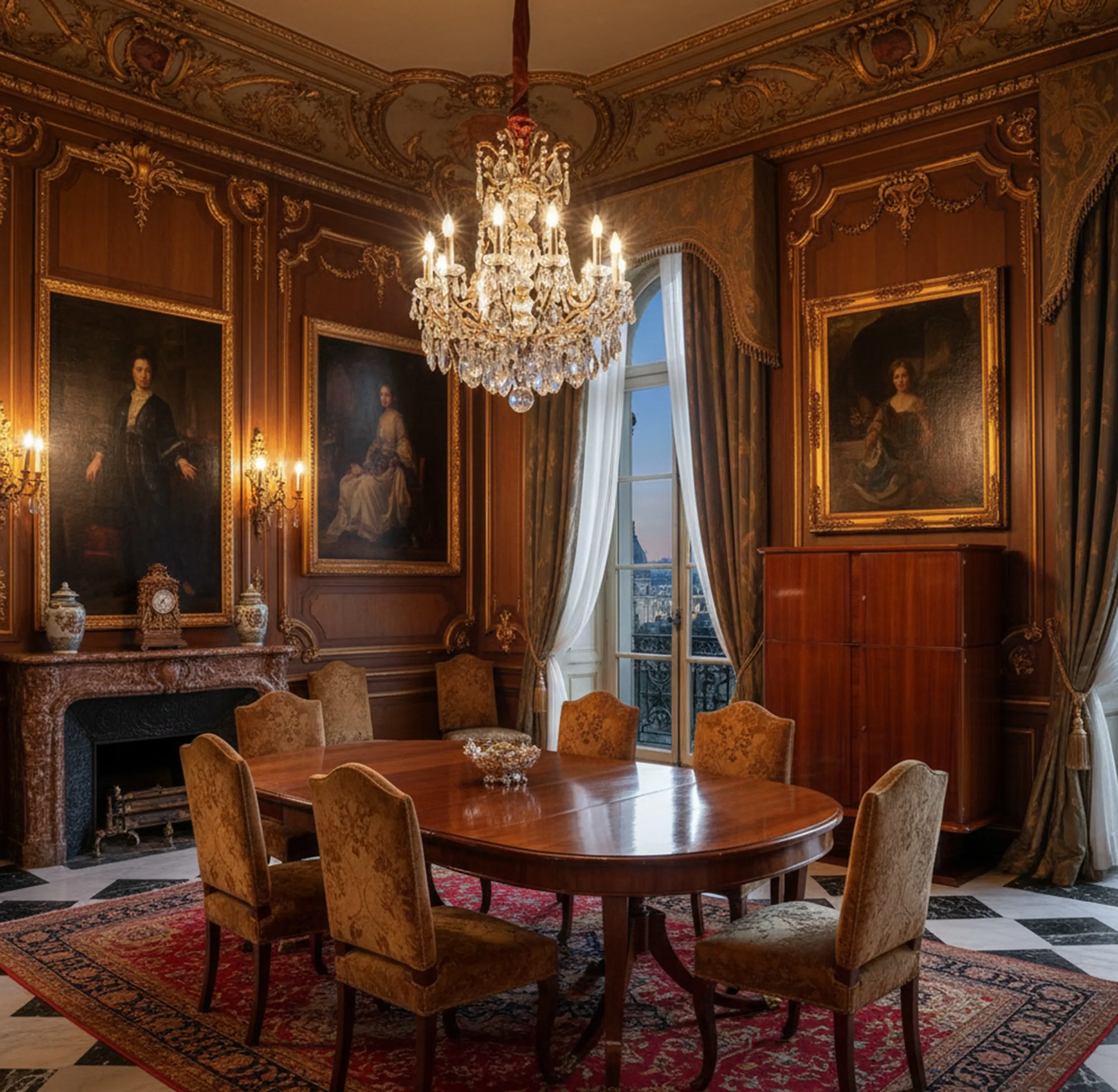 estante de livros antigo elegante com pinturas e candelabros