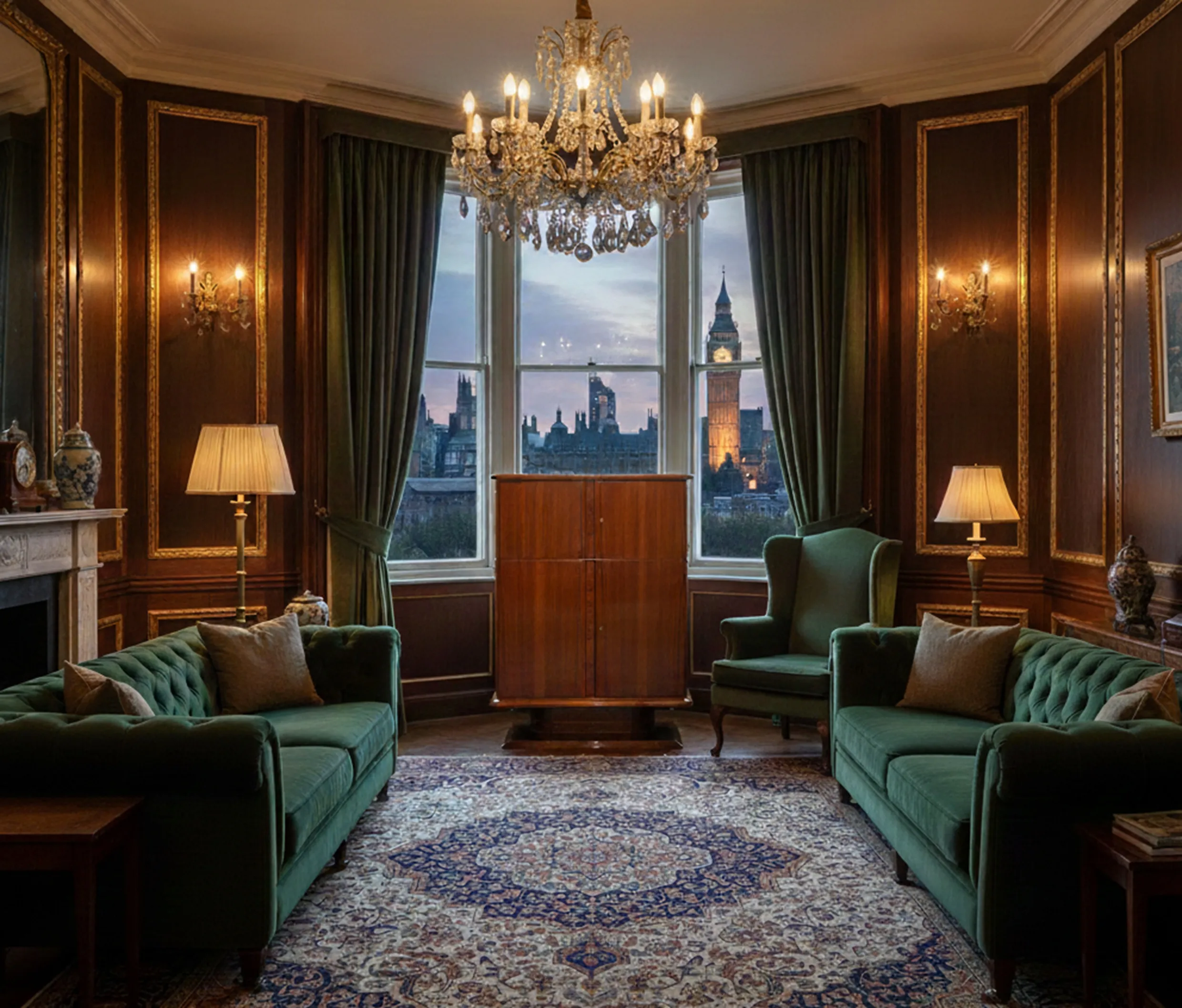 antik-buecherregal-in-elegantem-wohnzimmer-mit-lampe