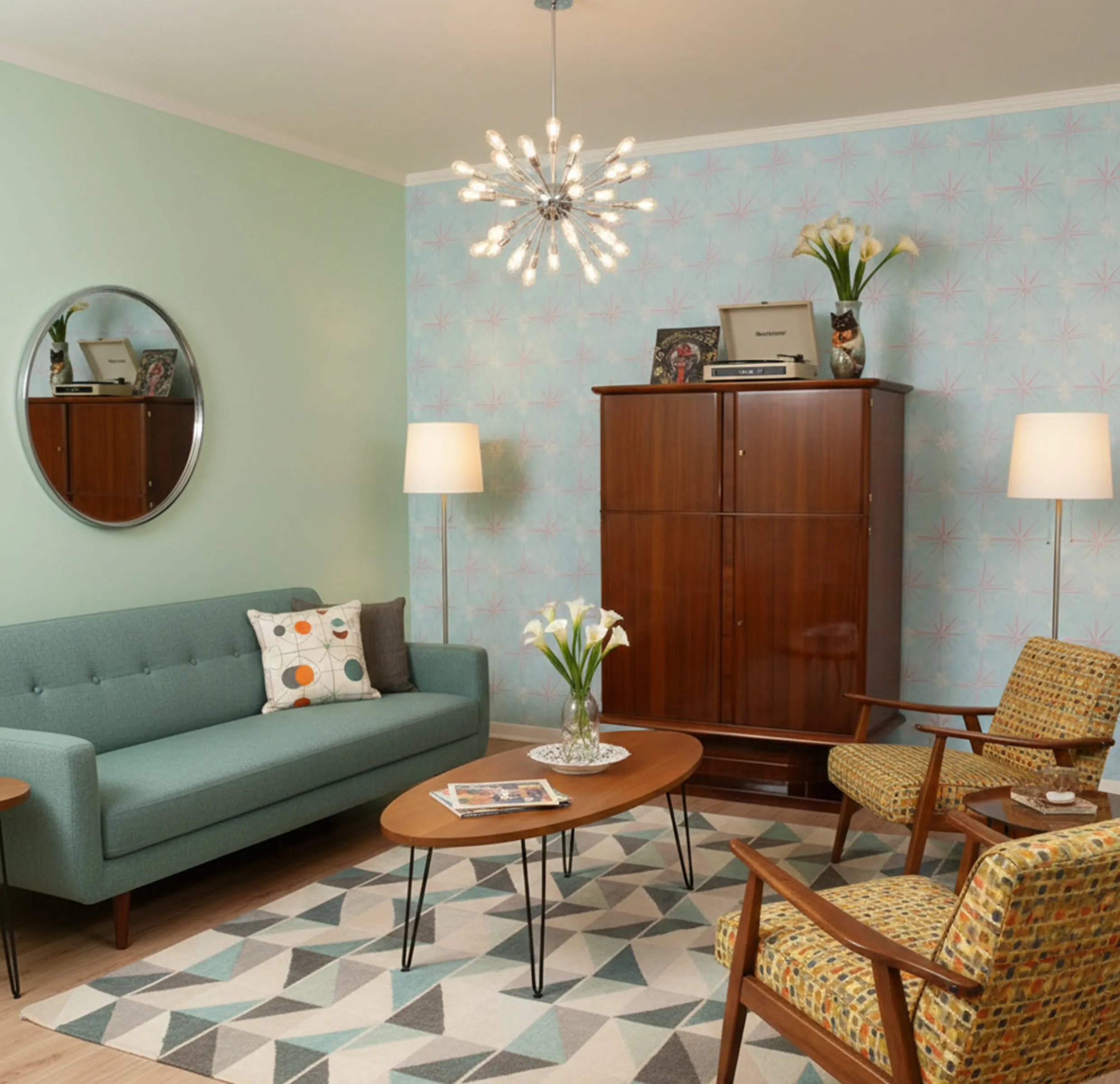 antique bookcase in a cozy classic setting with sofa and lamps