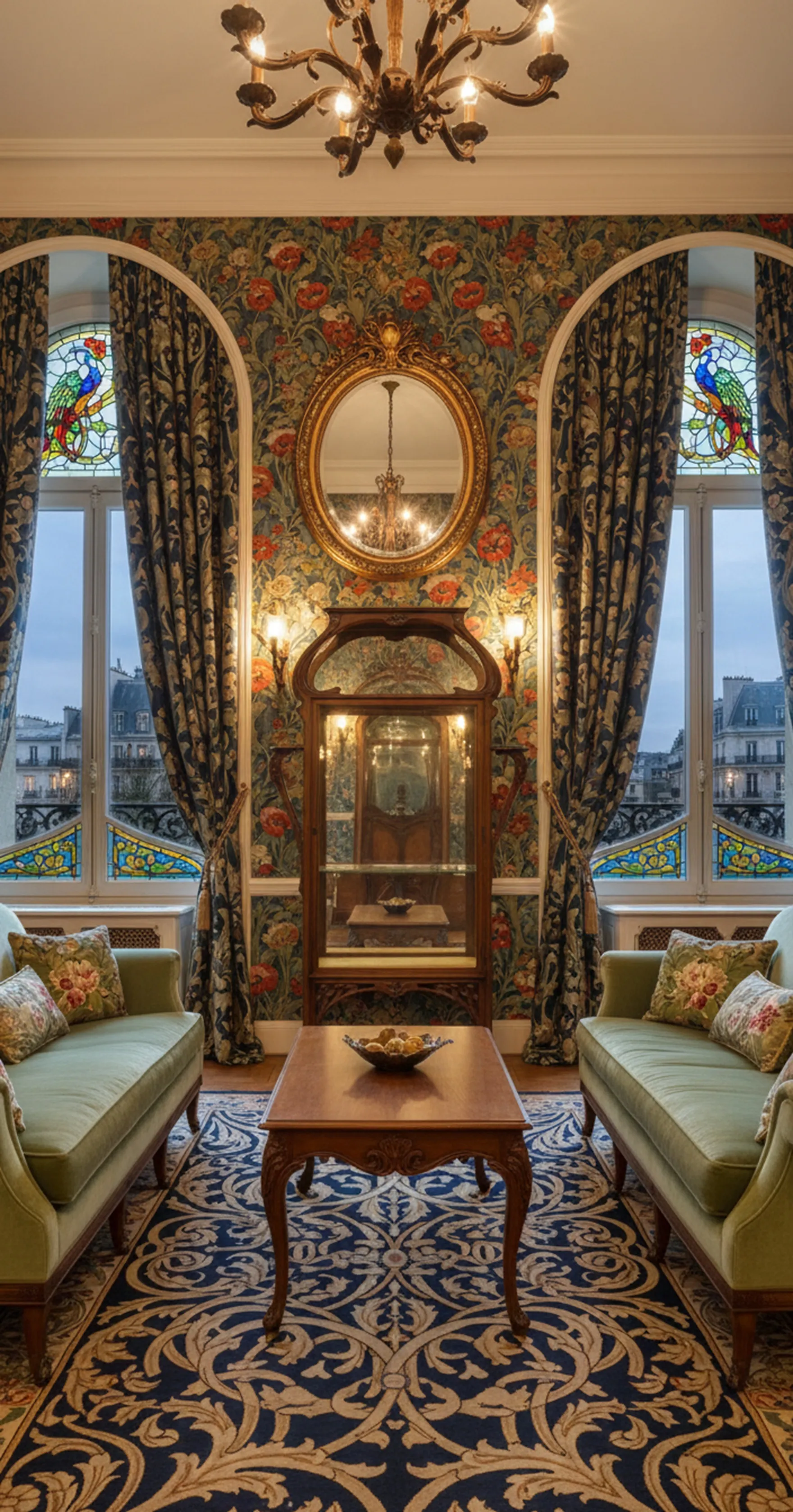 エレガントな環境にある装飾的なアンティーク陳列ケース。