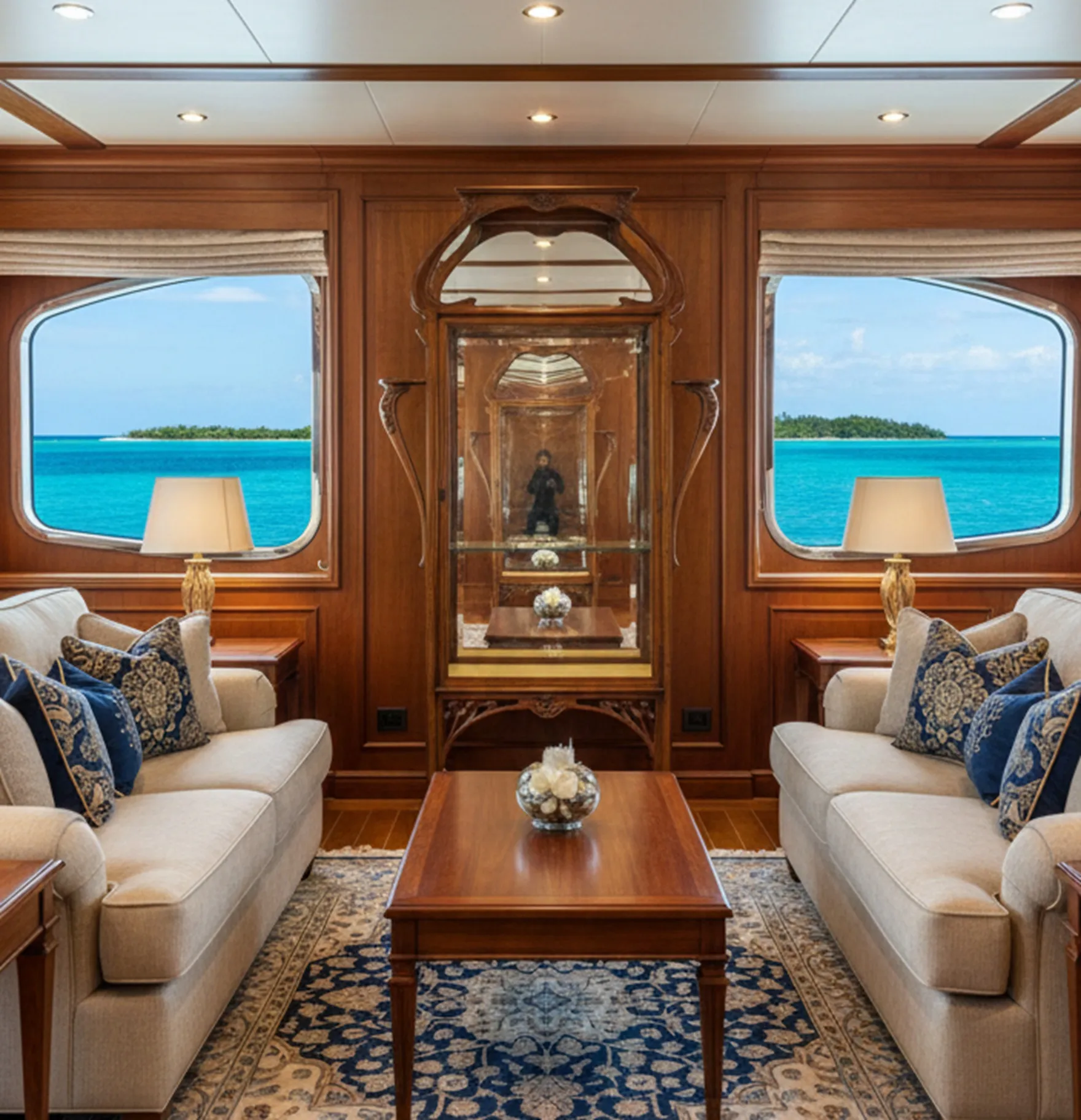 vitrina antigua con iluminación, exhibiendo objetos decorativos en un ambiente elegante junto a un sofá y vista al mar