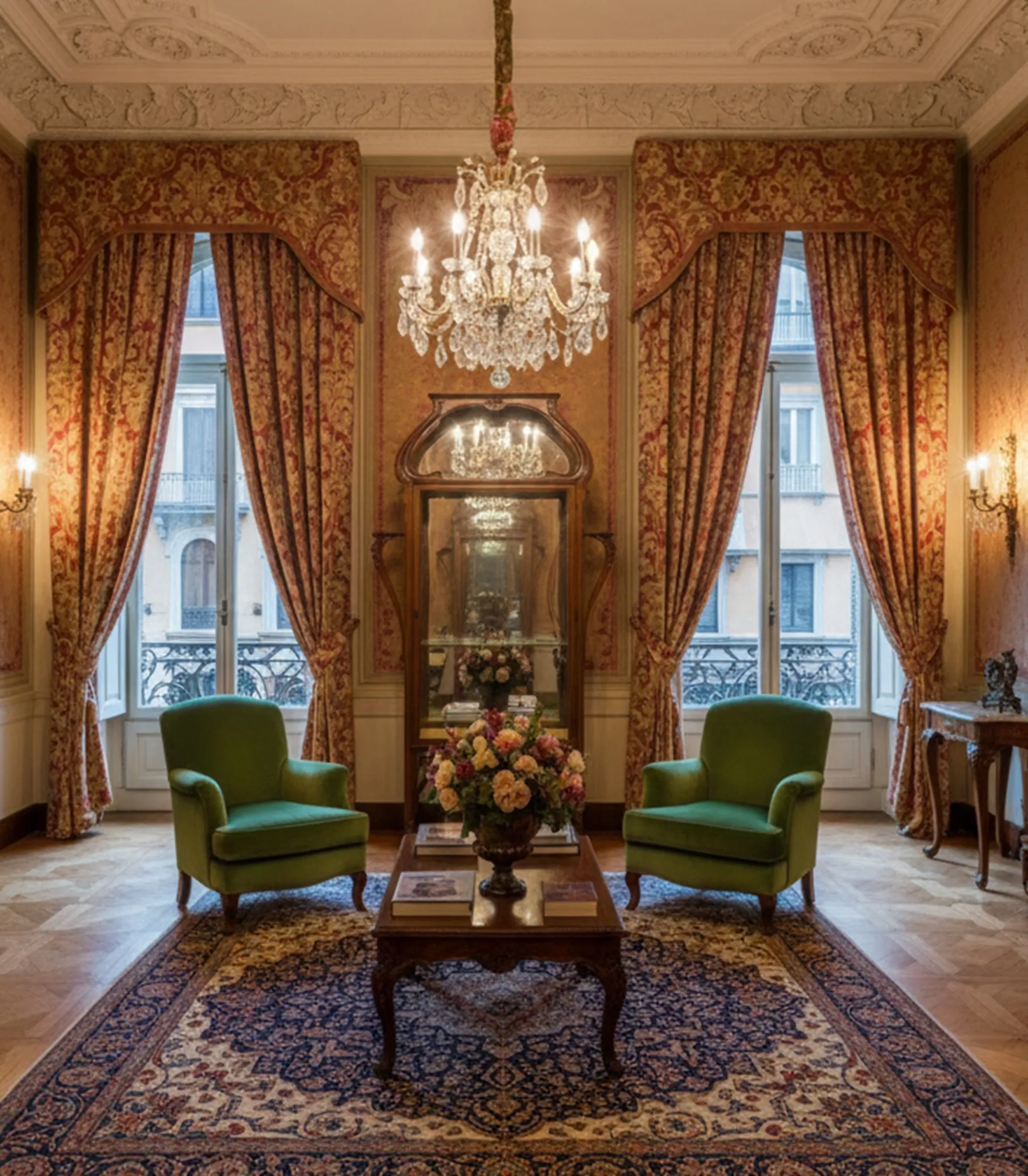 خزانة عرض عتيقة في غرفة معيشة أنيقة.