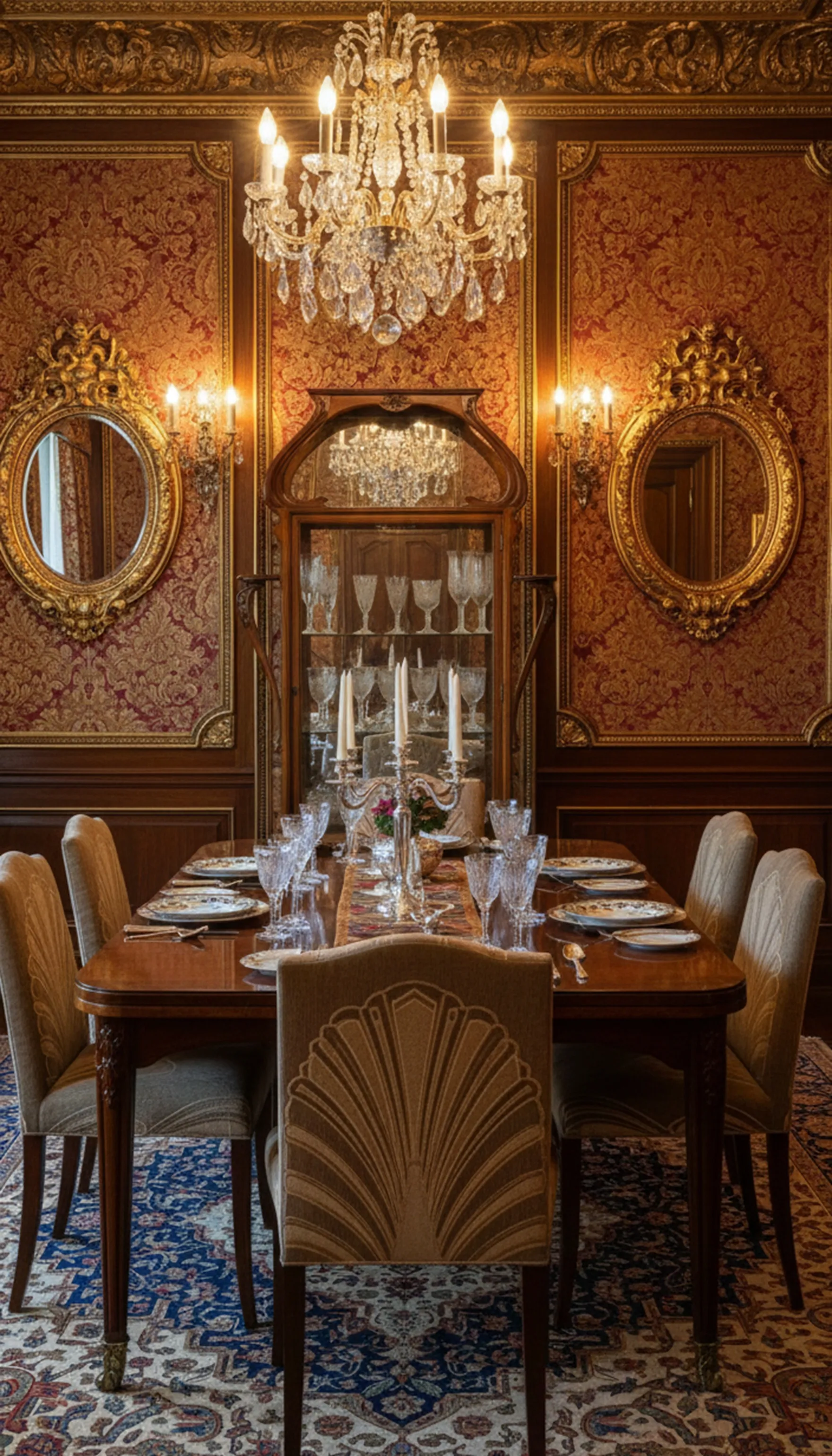 Vitrina antigua en un entorno elegante con candelabros y espejos.